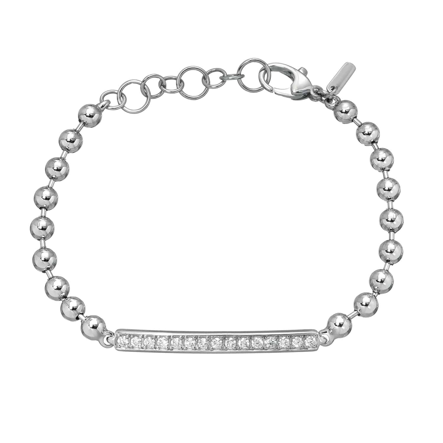 The Toilet Chain Diamond ID Bracelet from Janet Heller Fine Jewelry is a silver piece featuring a chain of round beads and a rectangular bar with small sparkling gems. It includes an adjustable clasp for customizable length and the perfect fit.