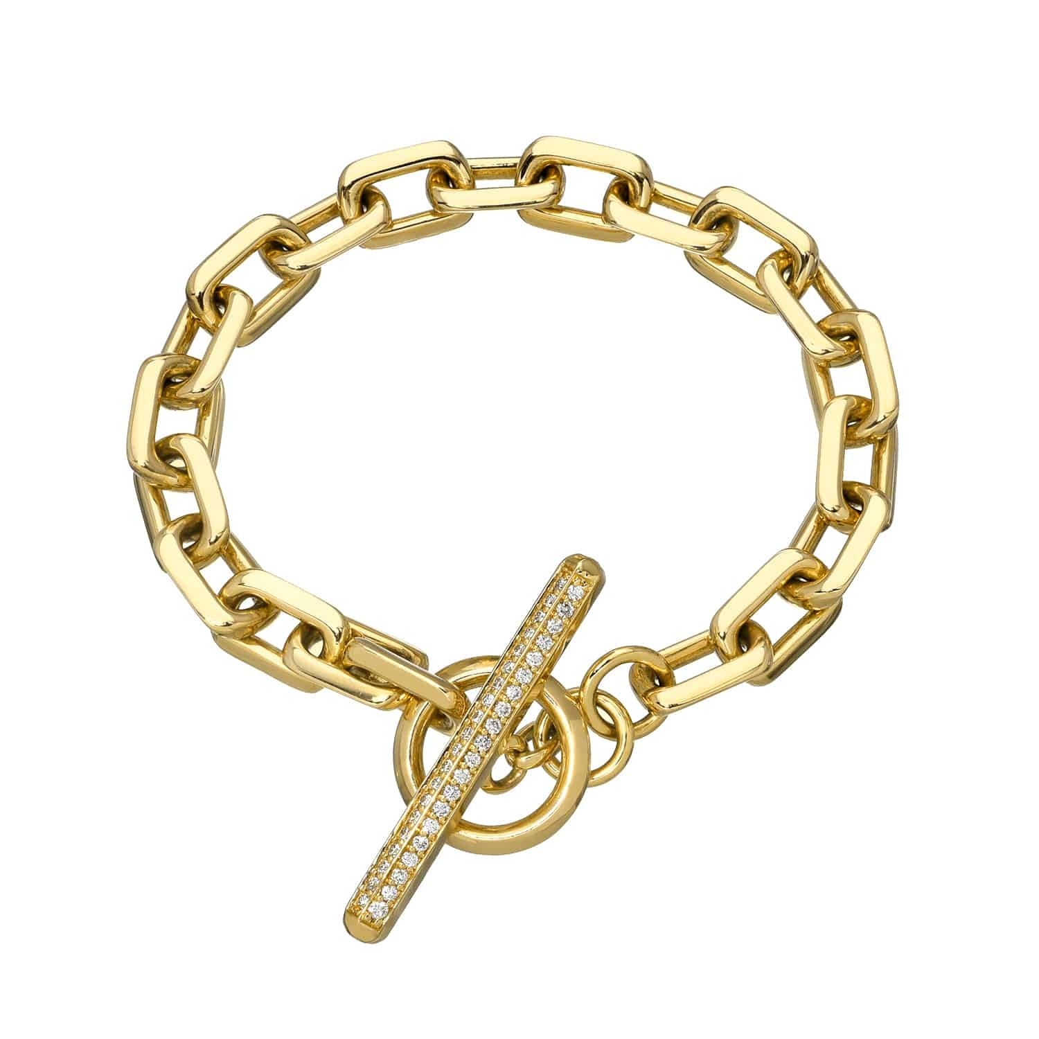 The Full Square Diamond Toggle Link Bracelet by Janet Heller Fine Jewelry features large rectangular links and a toggle clasp adorned with small, sparkling stones. The toggle is a straight bar passing through a circular ring.