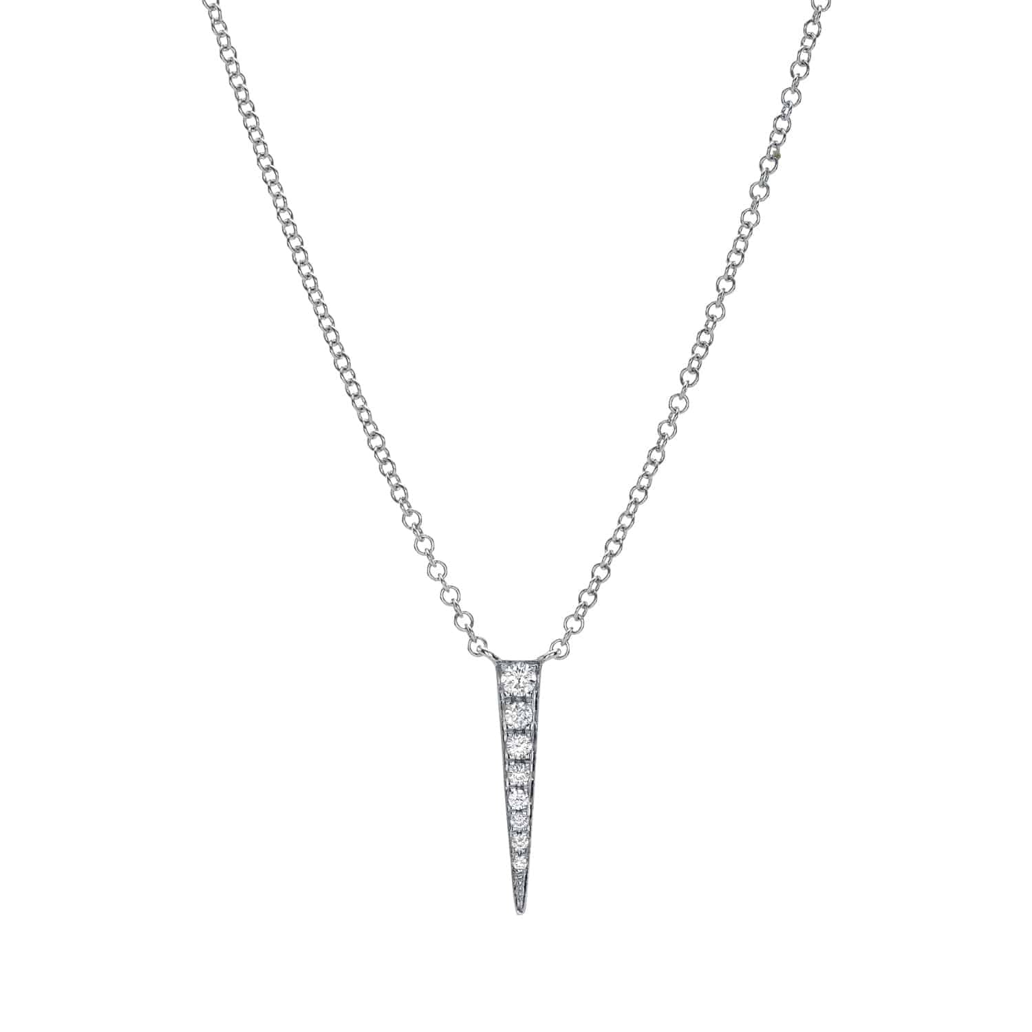 The 14KW Mini Diamond Dagger Necklace from Janet Heller Fine Jewelry features a delicate silver chain and a sleek, modern pendant that tapers to a point at the bottom. The vertical pendant is encrusted with small, sparkling diamonds and widens at the top for an elegant, contemporary look.