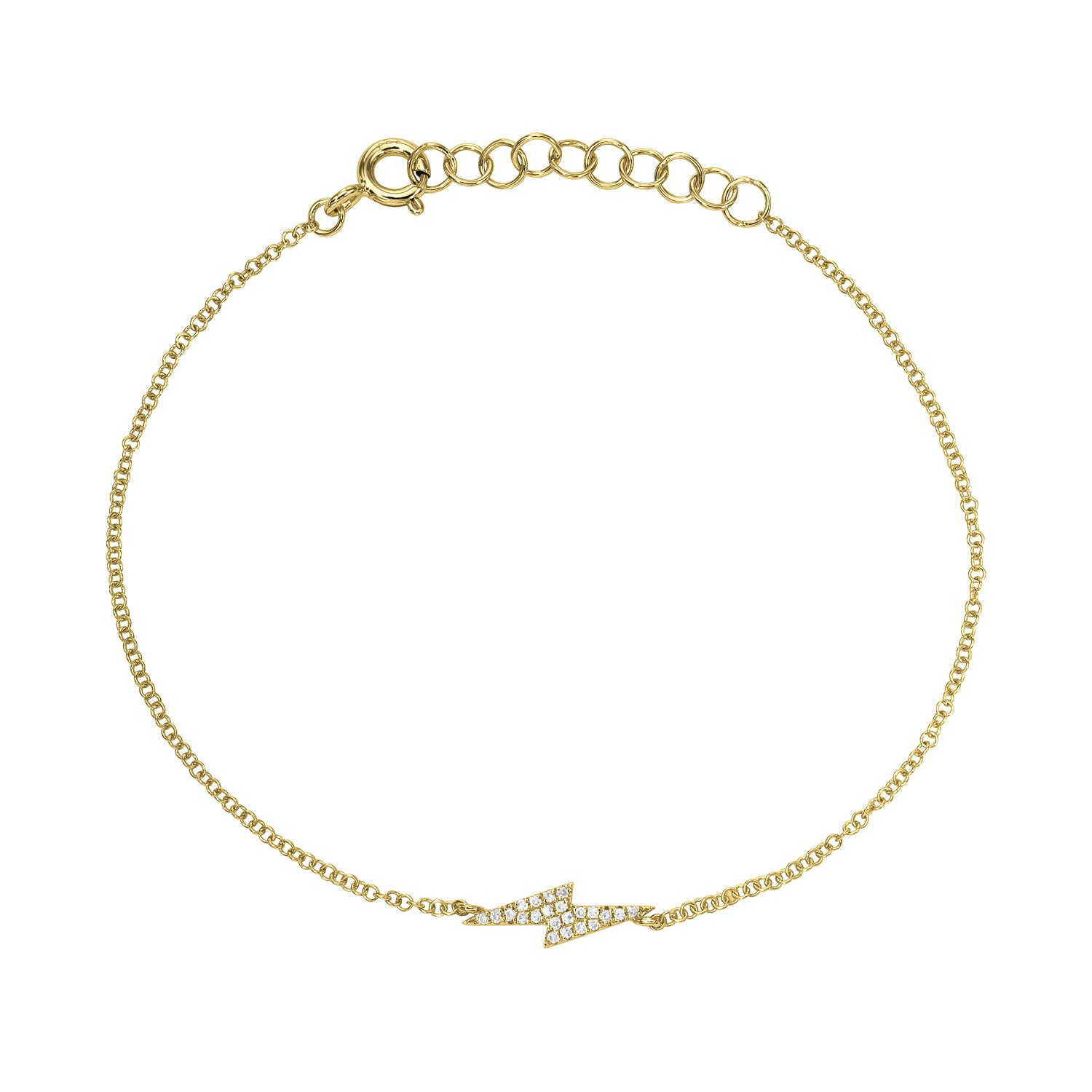 The Diamond Lightning Bolt Bracelet is a delicate gold piece featuring a lightning bolt charm with small clear stones. It has an adjustable chain with multiple loops and a clasp for fastening.