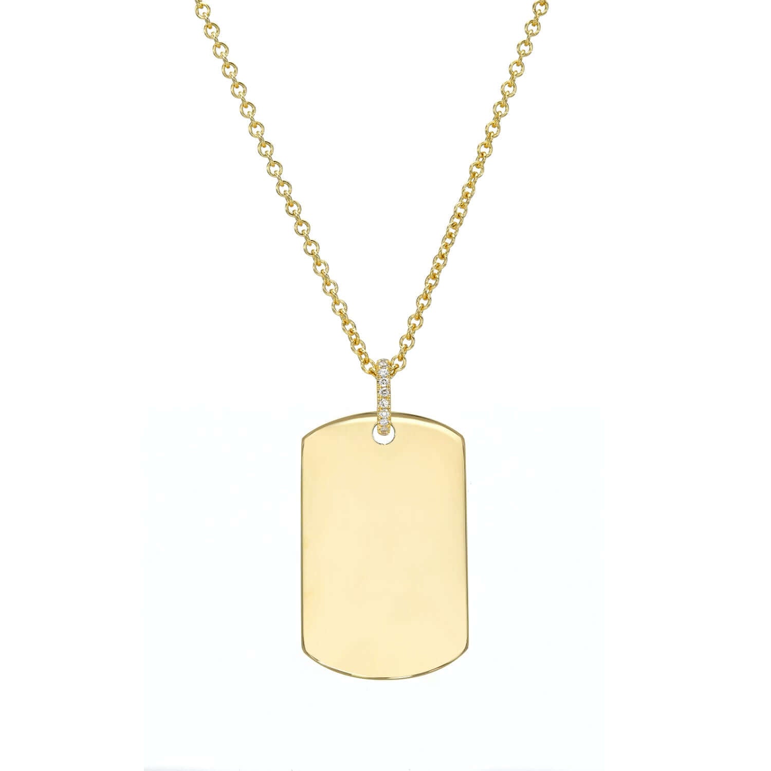 The Large Dog Tag Engraveable Pendant Necklace features a gold chain with a rectangular, polished pendant perfect for engraving. It reflects light beautifully and hangs from a small link adorned with sparkling gemstones, adding a personal touch.