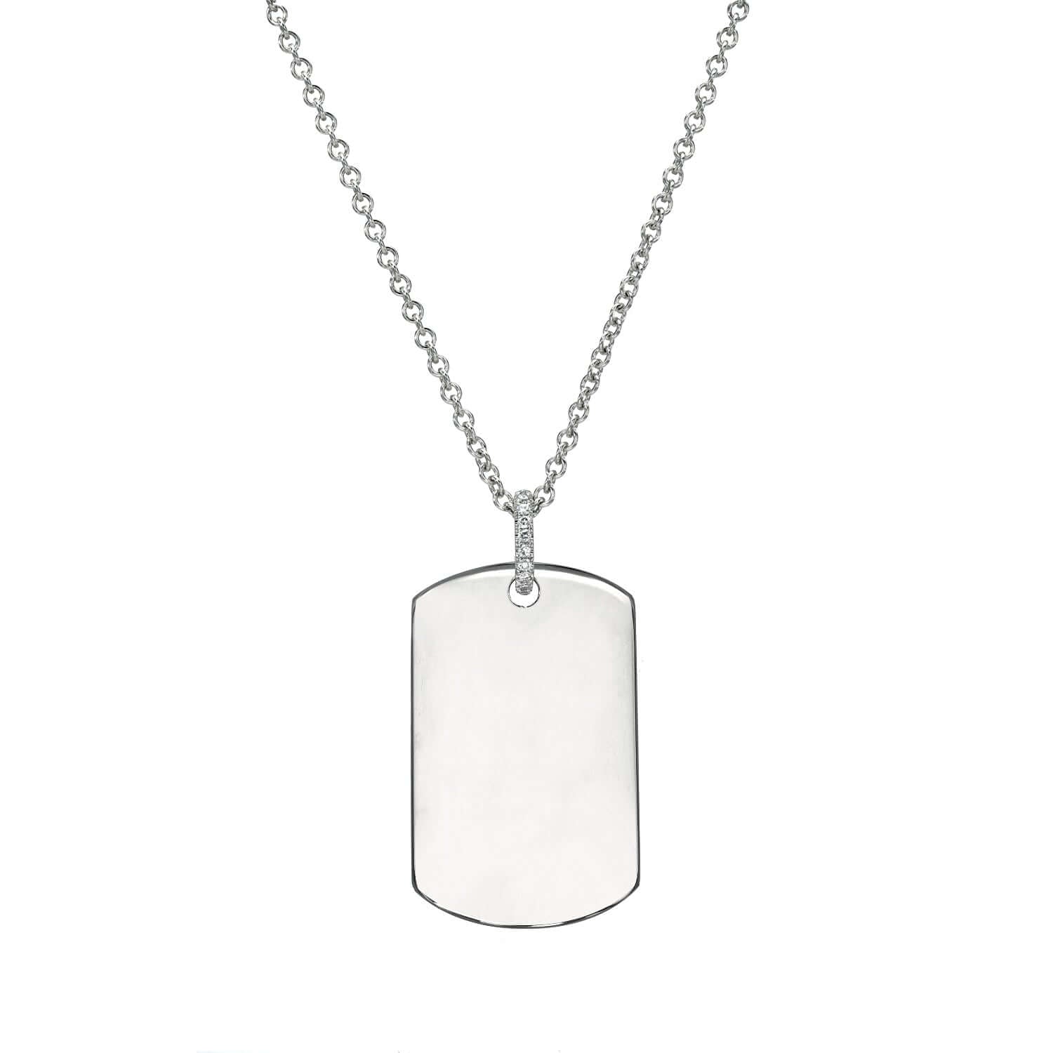 The Large Dog Tag Engraveable Pendant Necklace features a silver blank rectangular tag on a chain of small interlocking links. The polished tag with rounded corners sits against a white background, ideal for engraving and adding a personal touch.