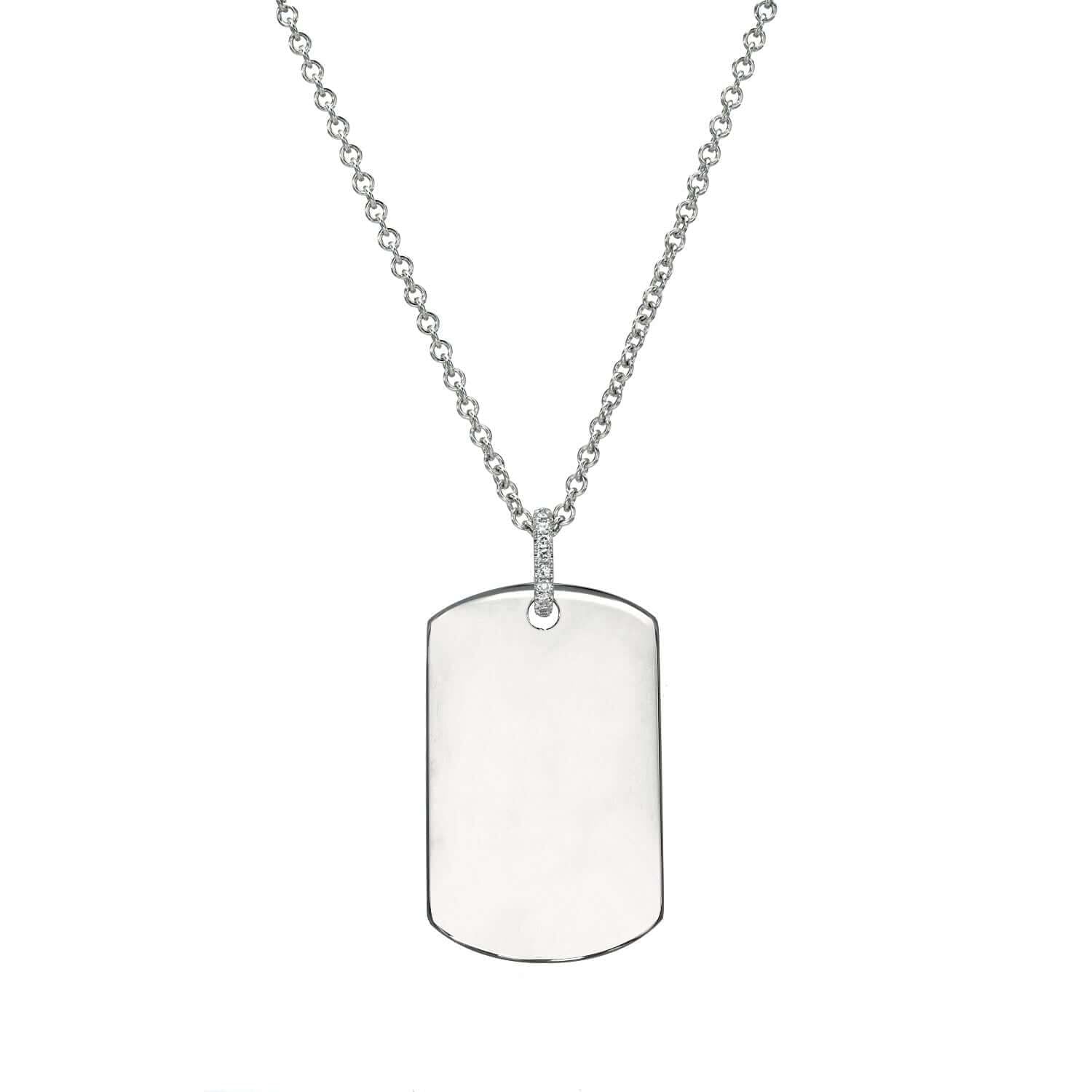 A Large Dog Tag Engravable Pendant Necklace in silver hangs from a matching chain, showcased on a white background. This personalized jewelry piece features a rectangular design with rounded edges and a small top loop, making it an elegant engraved keepsake perfect for any occasion.