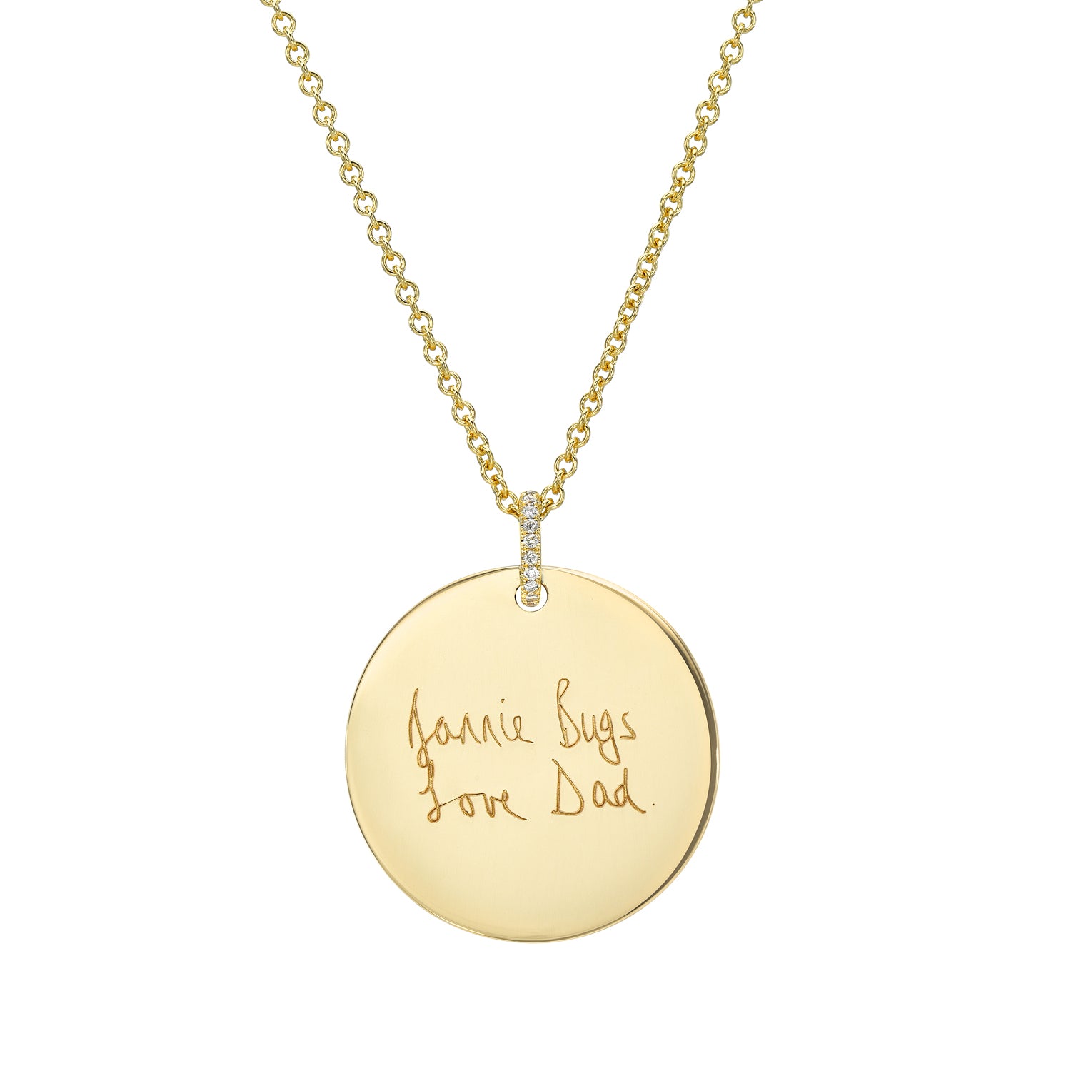 This Large Round Engraveable Pendant Necklace features a gold chain with a personalized round pendant engraved with Jamie Bug, Love Dad. This handwritten keepsake makes for a thoughtful gift.