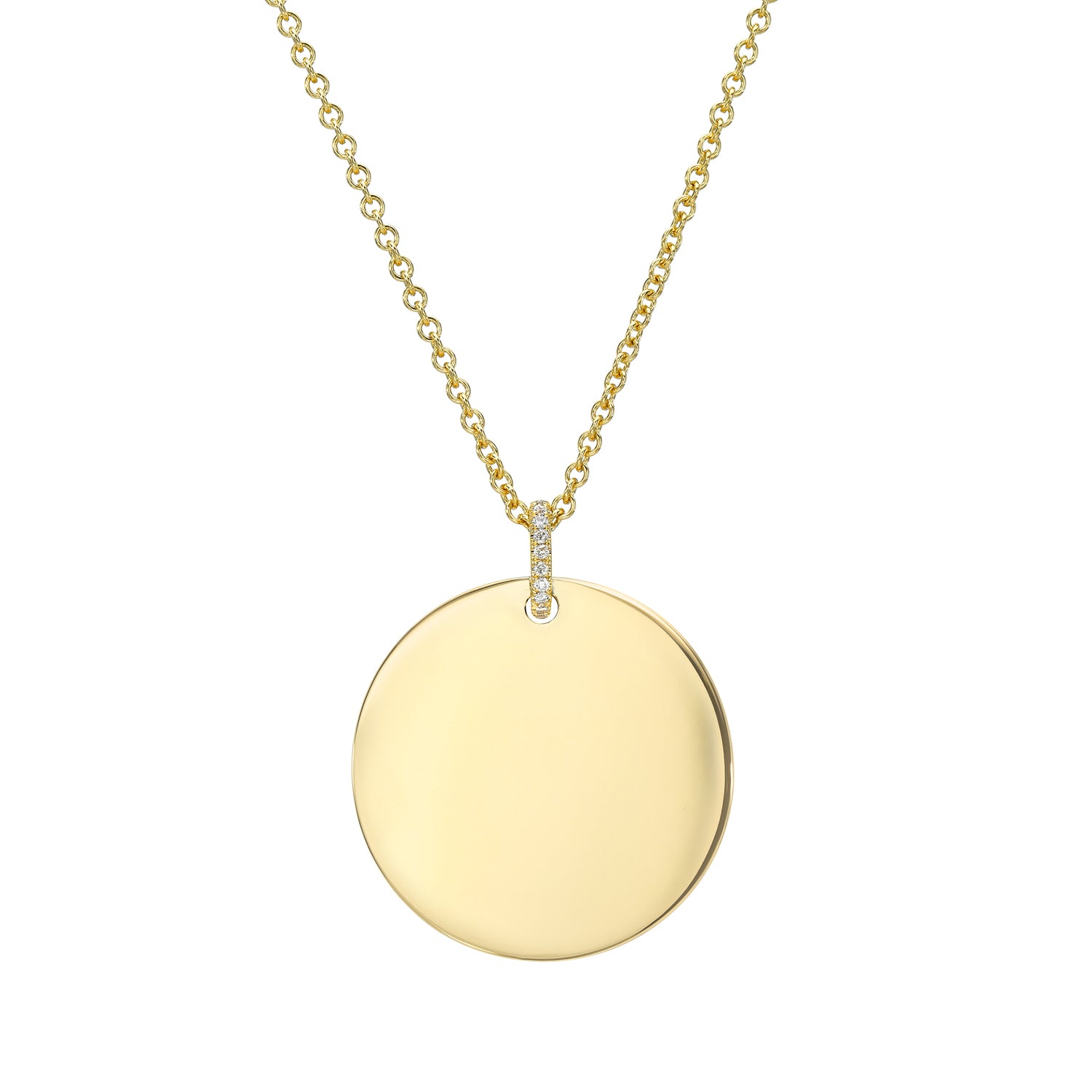The Large Round Engraveable Pendant Necklace, featuring a simple, polished round charm on a delicate chain with a jewel-embellished loop, makes an elegant personalized gift. Engrave it with a message for a cherished keepsake.
