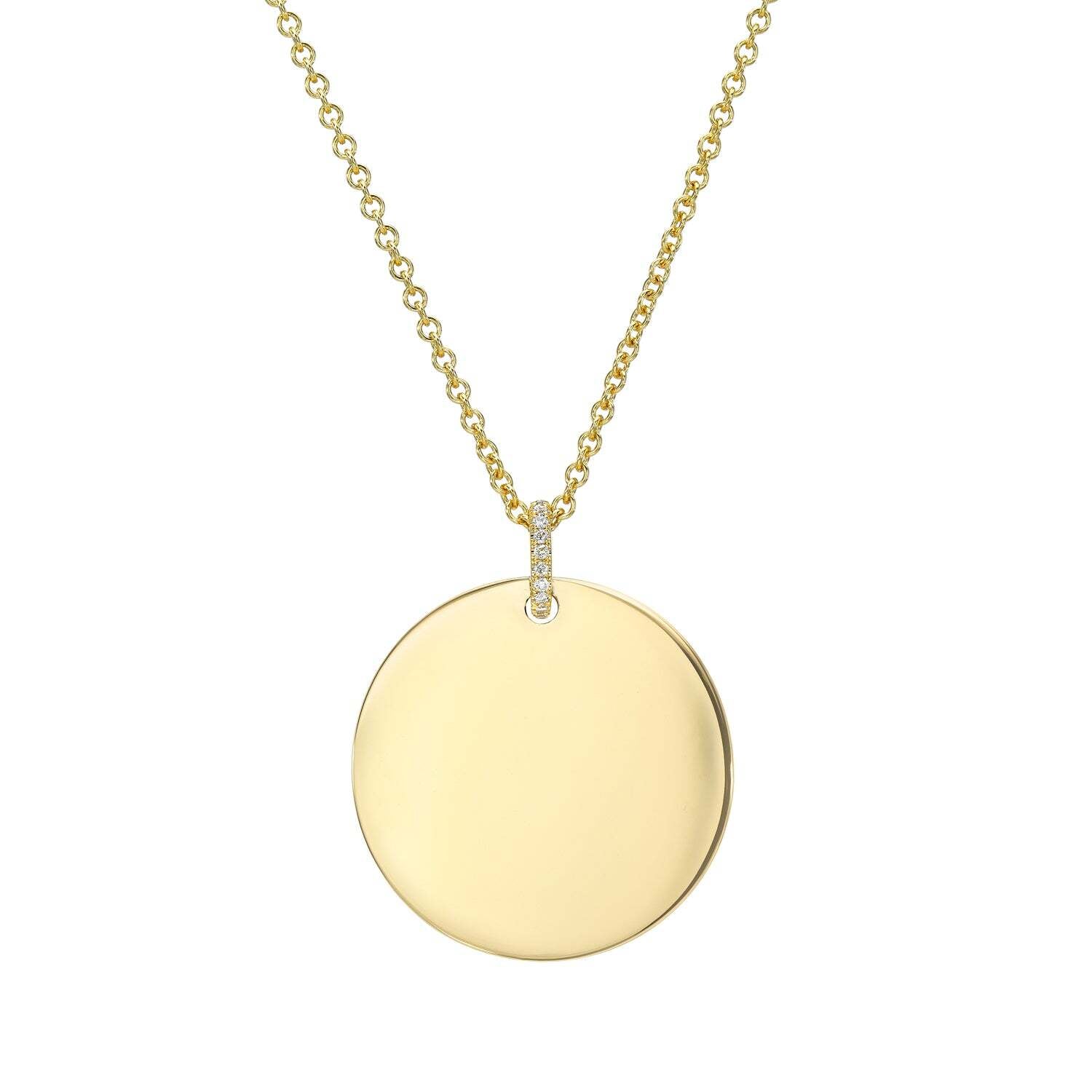 The Large Round Engravable Pendant Necklace features a gold chain with a round, smooth, flat pendant. The pendant is connected to the delicate chain by a small, gem-accented loop, making it ideal for personalized jewelry or as an engraved keepsake.