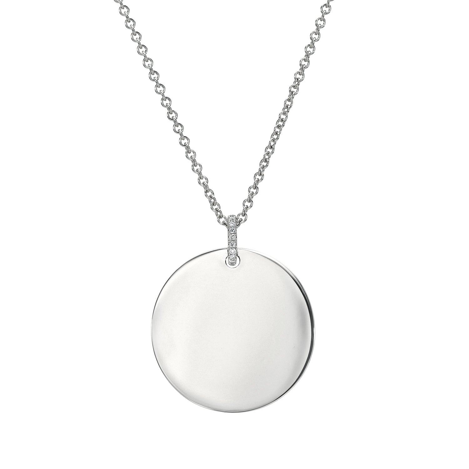The Large Round Engraveable Pendant Necklace features a silver chain with a round, polished pendant ready for your personalized message. Its elegant design and reflective finish make it an ideal gift for capturing heartfelt sentiments.