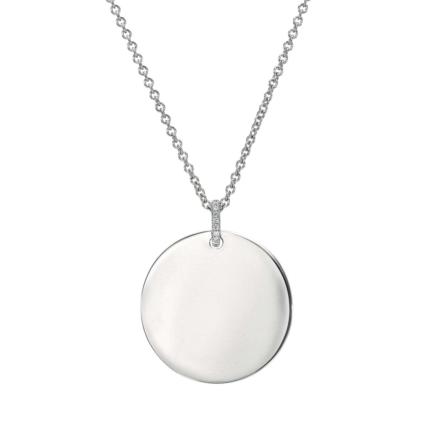 The Large Round Engravable Pendant Necklace features a thin silver chain with a prominent, smooth, round pendant at its center—an ideal keepsake for those who appreciate personalized jewelry.