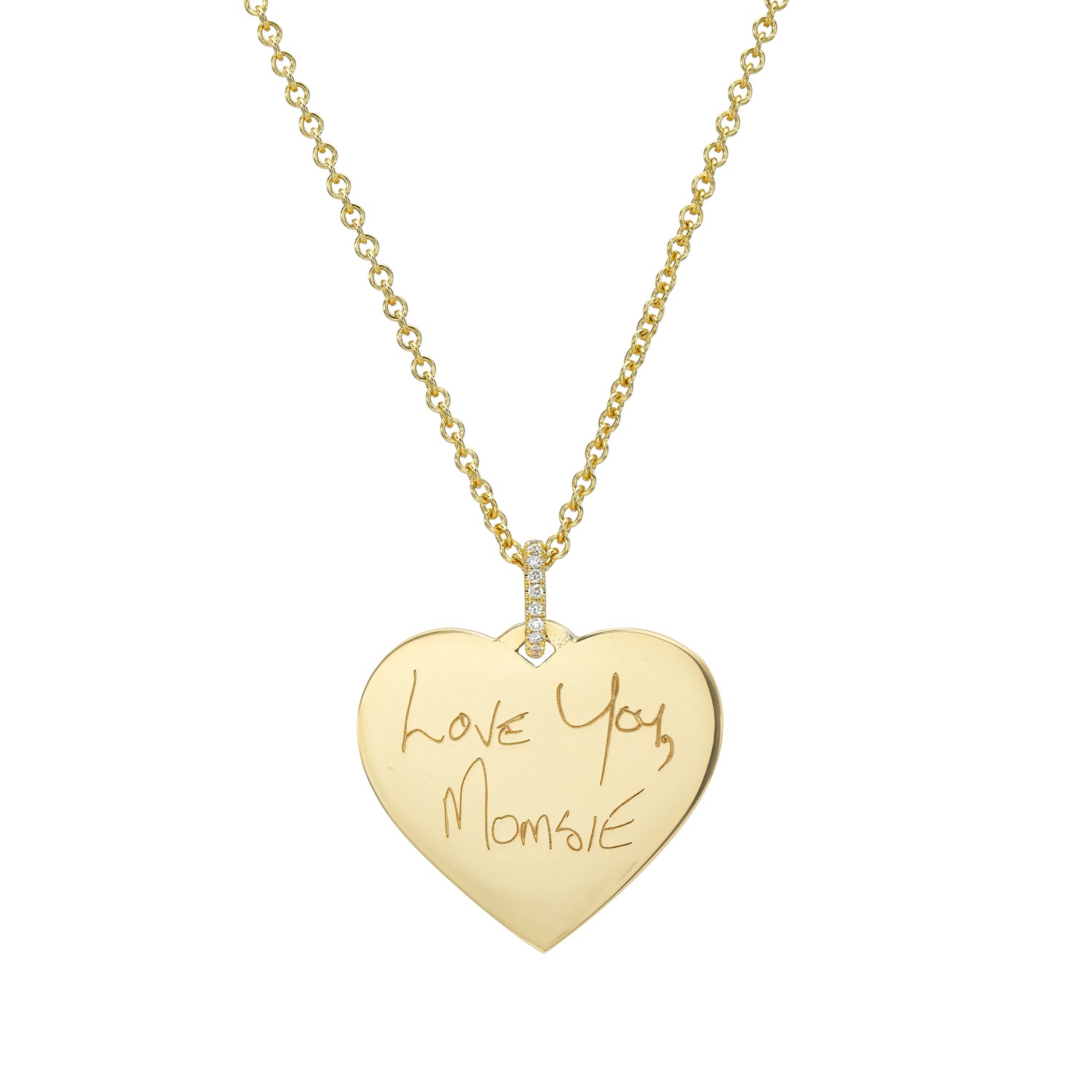 The Large Heart Engravable Pendant Necklace is a cherished symbol of love, featuring a gold heart-shaped pendant on a gold chain, engraved with Love You, Mommie. Small diamonds above the pendant enhance this keepsakes elegance.