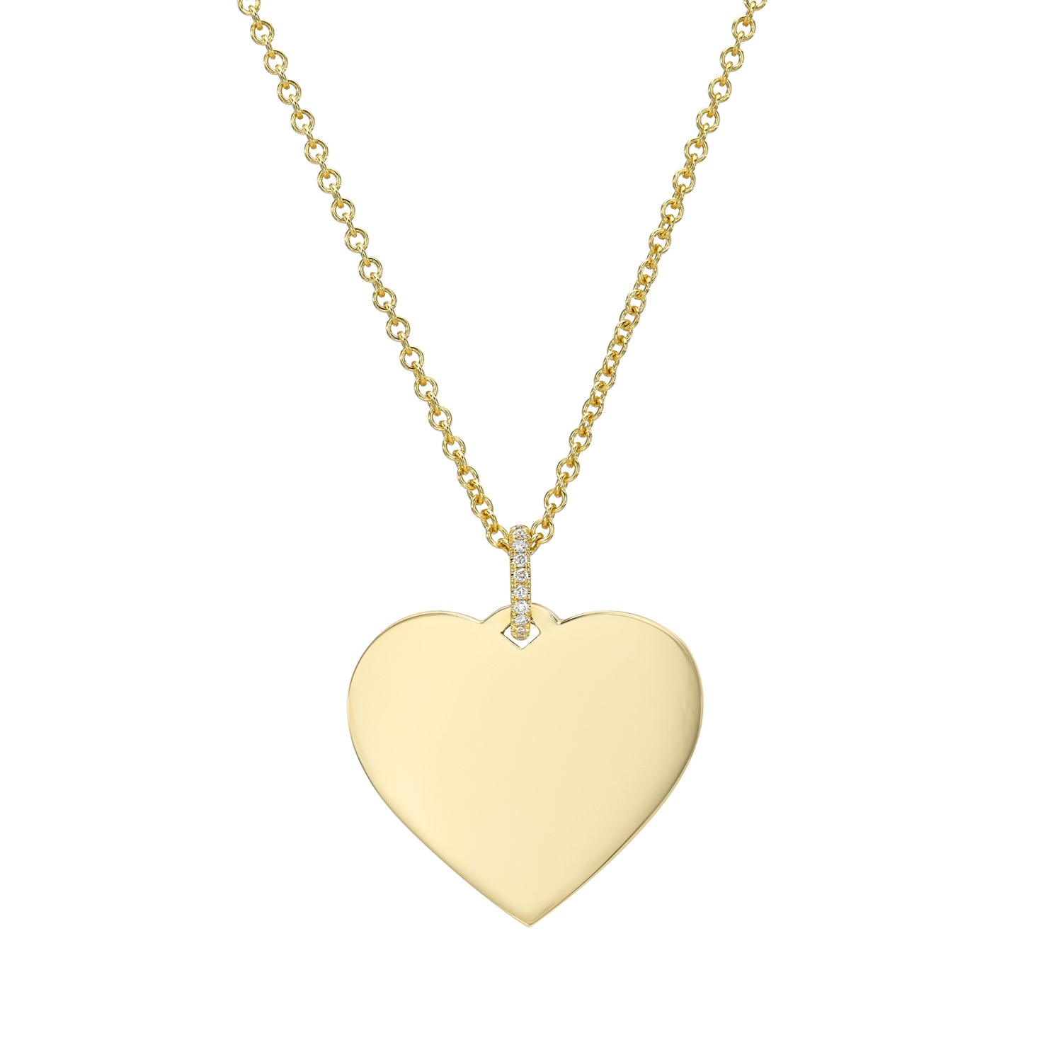 The Large Heart Engraveable Pendant Necklace features a gold heart-shaped pendant on a delicate chain. It has tiny gemstones at the bail and offers space for personalization, making it a simple and elegant engraved keepsake.