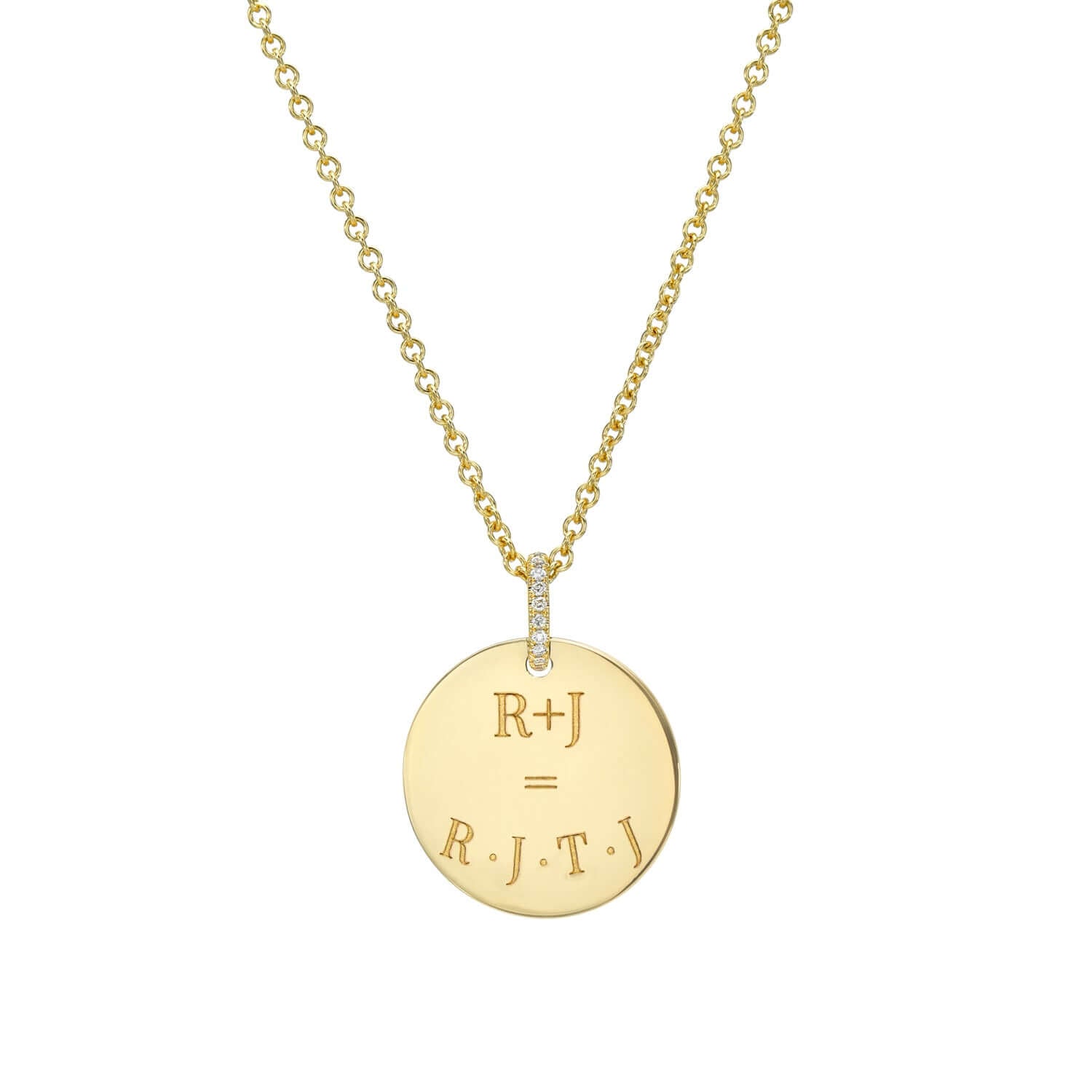 The Medium Round Engravable Pendant Necklace from the Sketch Collection showcases a gold round pendant engraved with R + J = R. J. T. J. This timeless keepsake features small diamonds on the bail and hangs gracefully from a delicate chain.