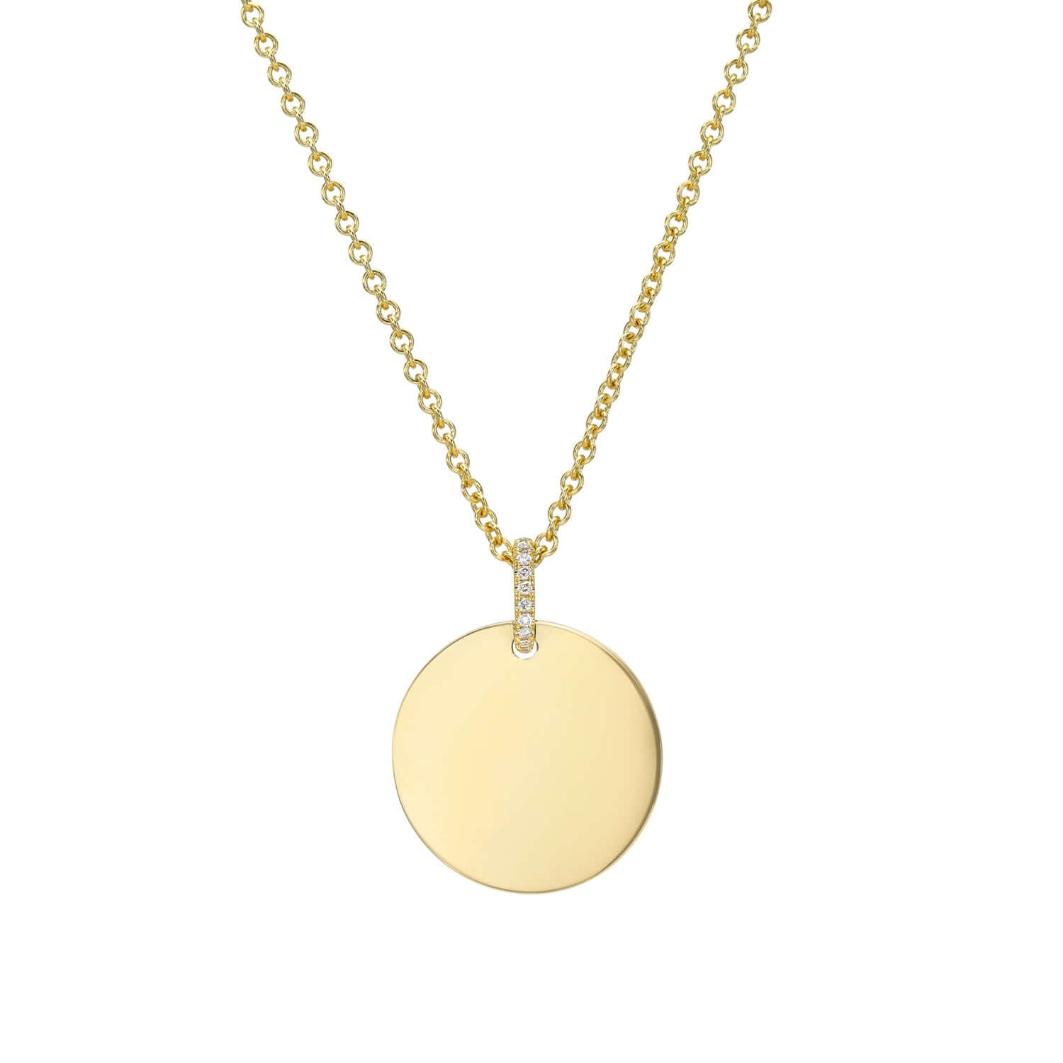 The Medium Round Engravable Pendant Necklace from the Sketch Collection features a delicate chain with a round, flat pendant. The elegant design includes sparkling crystals at the attachment, making this gold necklace a timeless keepsake against a white background.