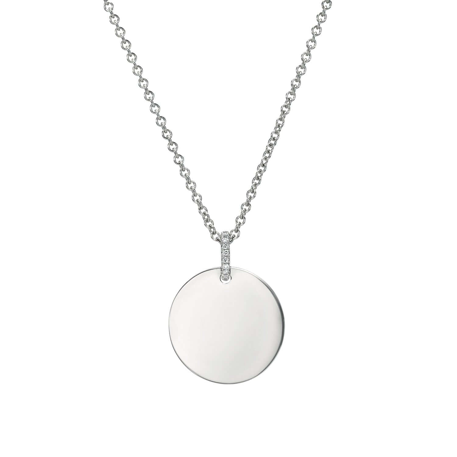 The Medium Round Engravable Pendant Necklace from the Sketch Collection boasts a polished silver pendant on a fine chain, accented by a tiny gemstone-encrusted loop, offering simple yet elegant allure.