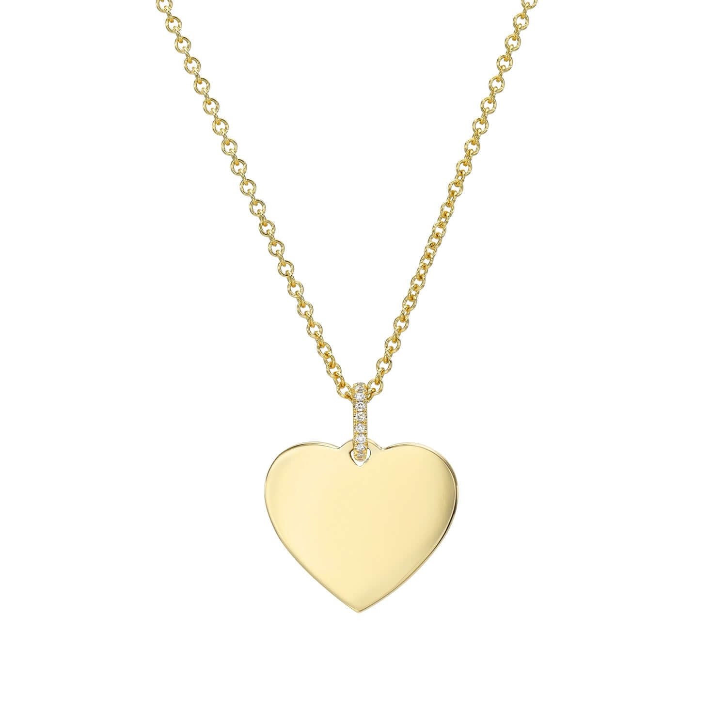 The Medium Heart Engravable Pendant Necklace features a smooth gold heart pendant on a delicate chain. Personalized with keepsake engraving in signature fonts, the pendant hangs from a gem-embedded loop, offering an elegant design against a plain white background.