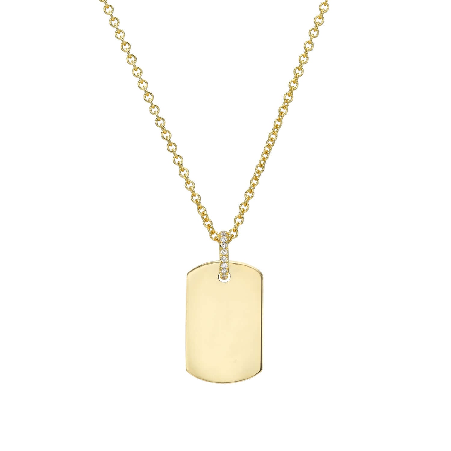 Part of the Sketch Collection, the Medium Dog Tag Engravable Pendant Necklace from Janet Heller Fine Jewelry, features a delicate gold chain with a diamond-studded loop and a rectangular pendant perfect for engraving a personalized message.