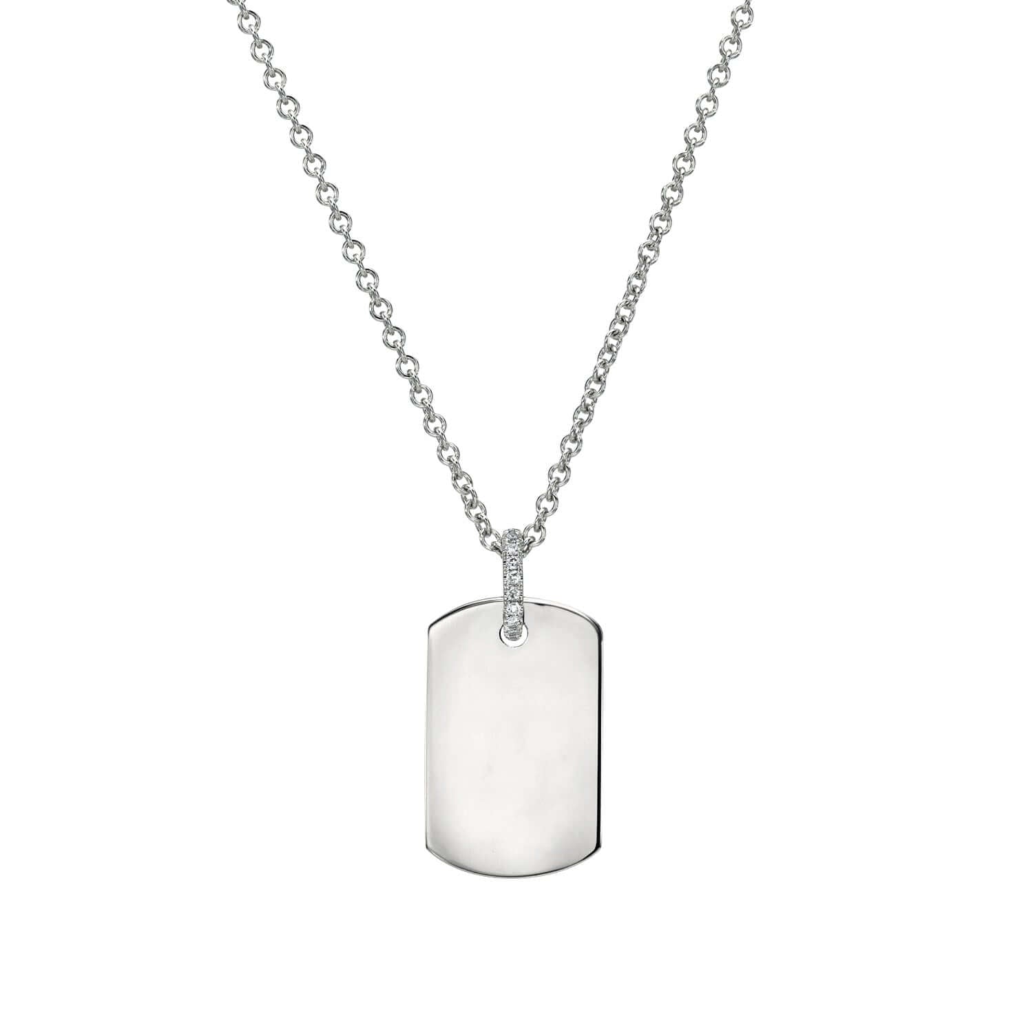 The Medium Dog Tag Engravable Pendant Necklace from the Janet Heller Fine Jewelry Sketch Collection, features a 14KT gold rectangular pendant with rounded corners and a diamond bale. The pendant is perfect for engraving a personalized keepsake.