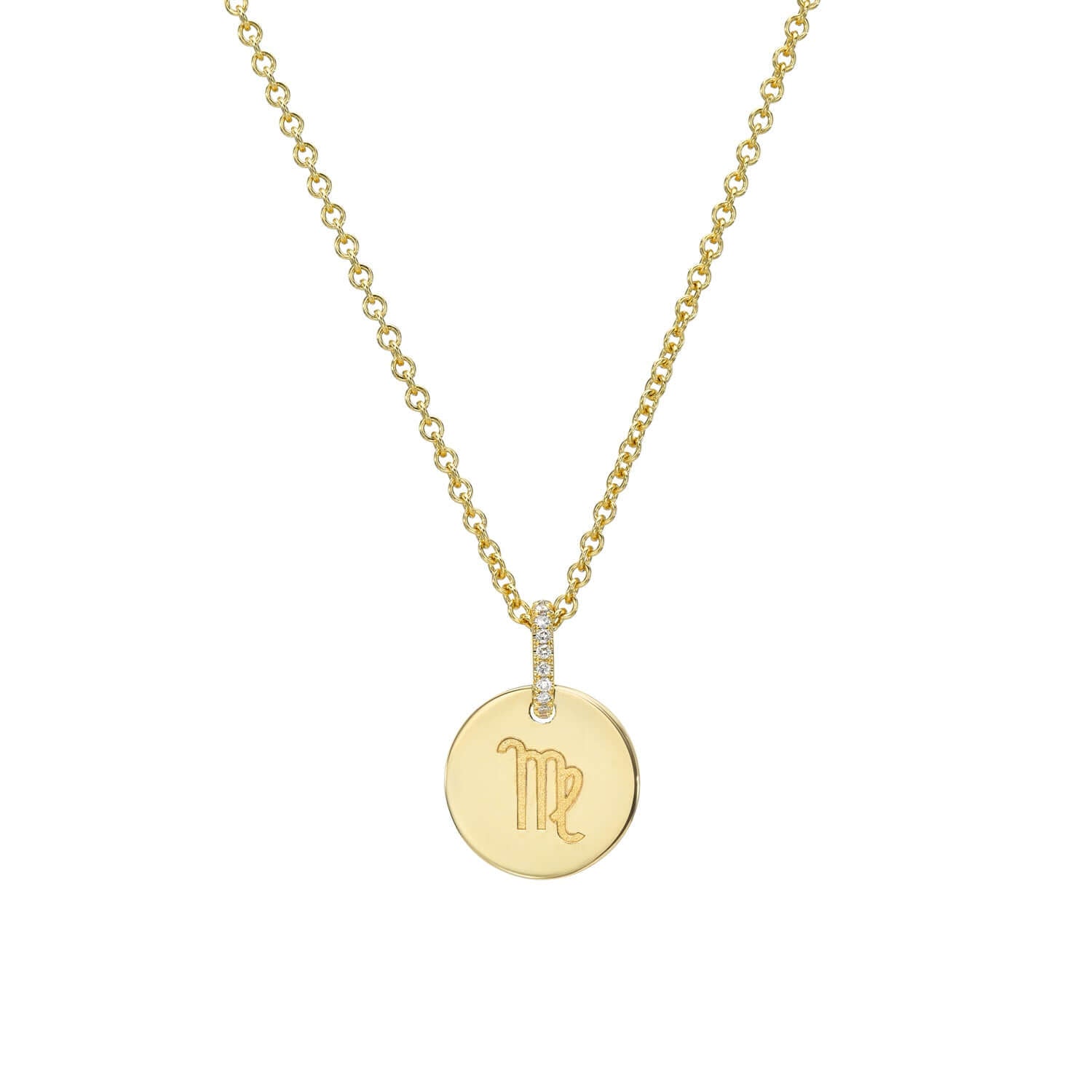 The Mini Round Engravable Pendant Necklace from the Janet Heller Fine Jewelry Sketch Collection, features a 14KT gold round pendant and a diamond bale. The pendant is perfect for engraving a personalized keepsake.