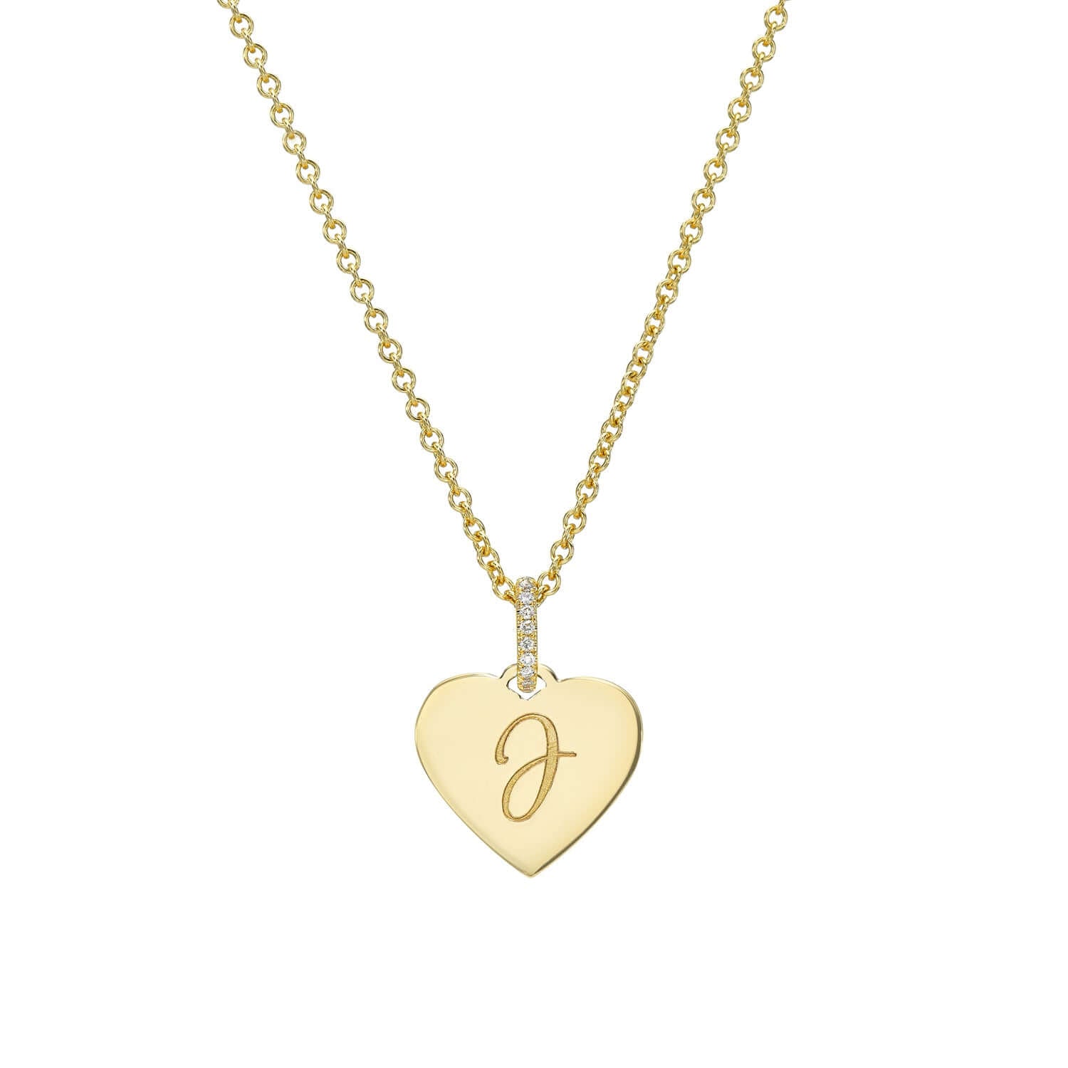 The Mini Heart Engravable Pendant Necklace from the Sketch Collection showcases a heart-shaped pendant with the letter J. Small gems line the top, and it hangs elegantly from a delicate chain.