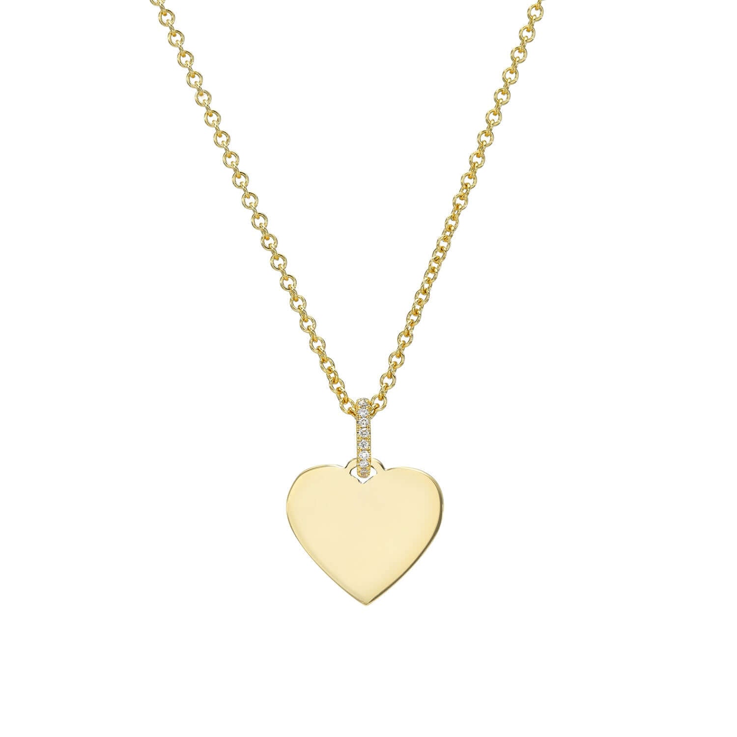 The Mini Heart Engravable Pendant Necklace features a delicate gold chain and polished heart-shaped pendant from the Sketch Collection, attached with a diamond-studded clasp. Its shiny texture and charm are highlighted against a white background.