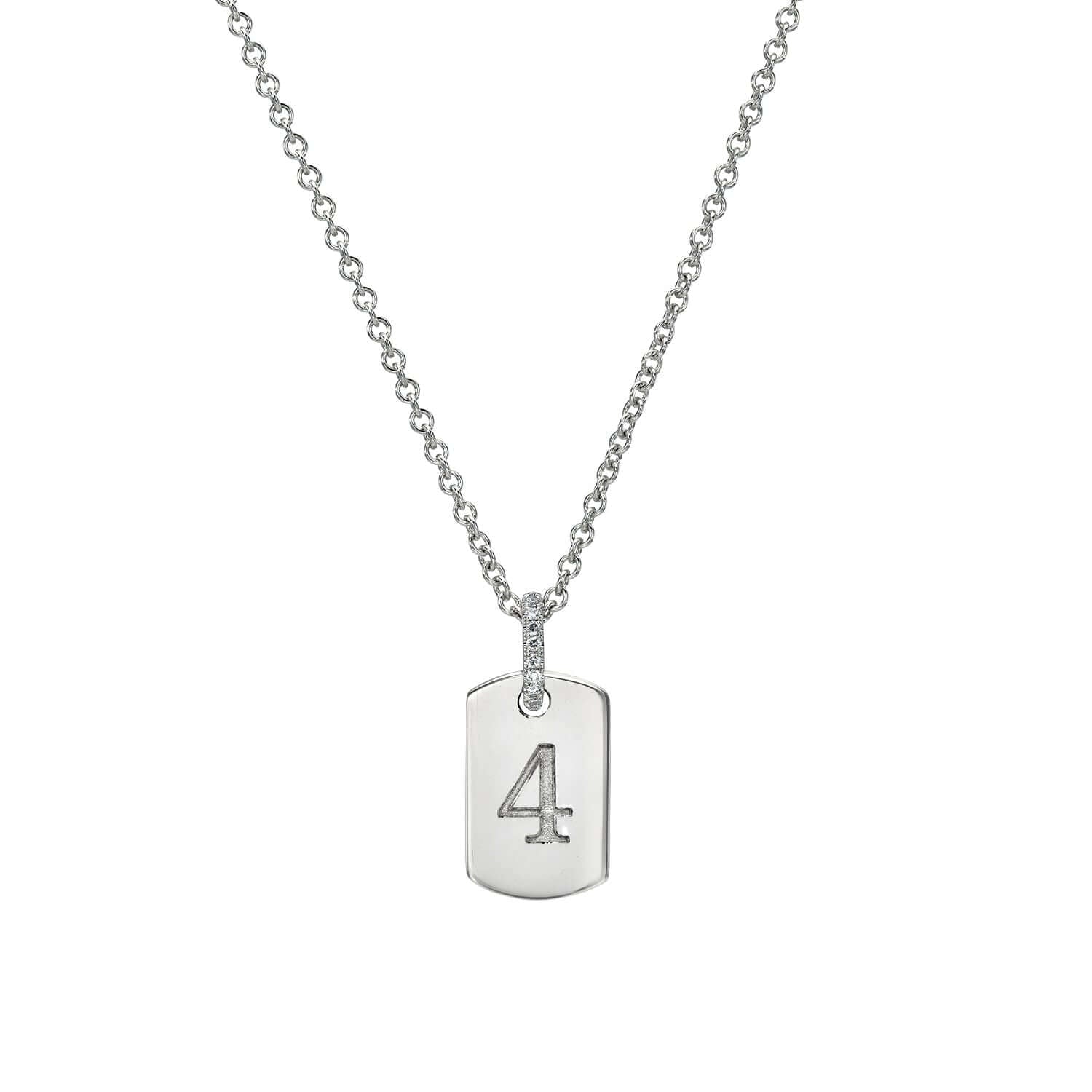 The Mini Dog Tag Engravable Pendant Necklace is a sleek, silver rectangular pendant with rounded corners, featuring the number 4 engraved and a personalized keepsake, set against a white background.