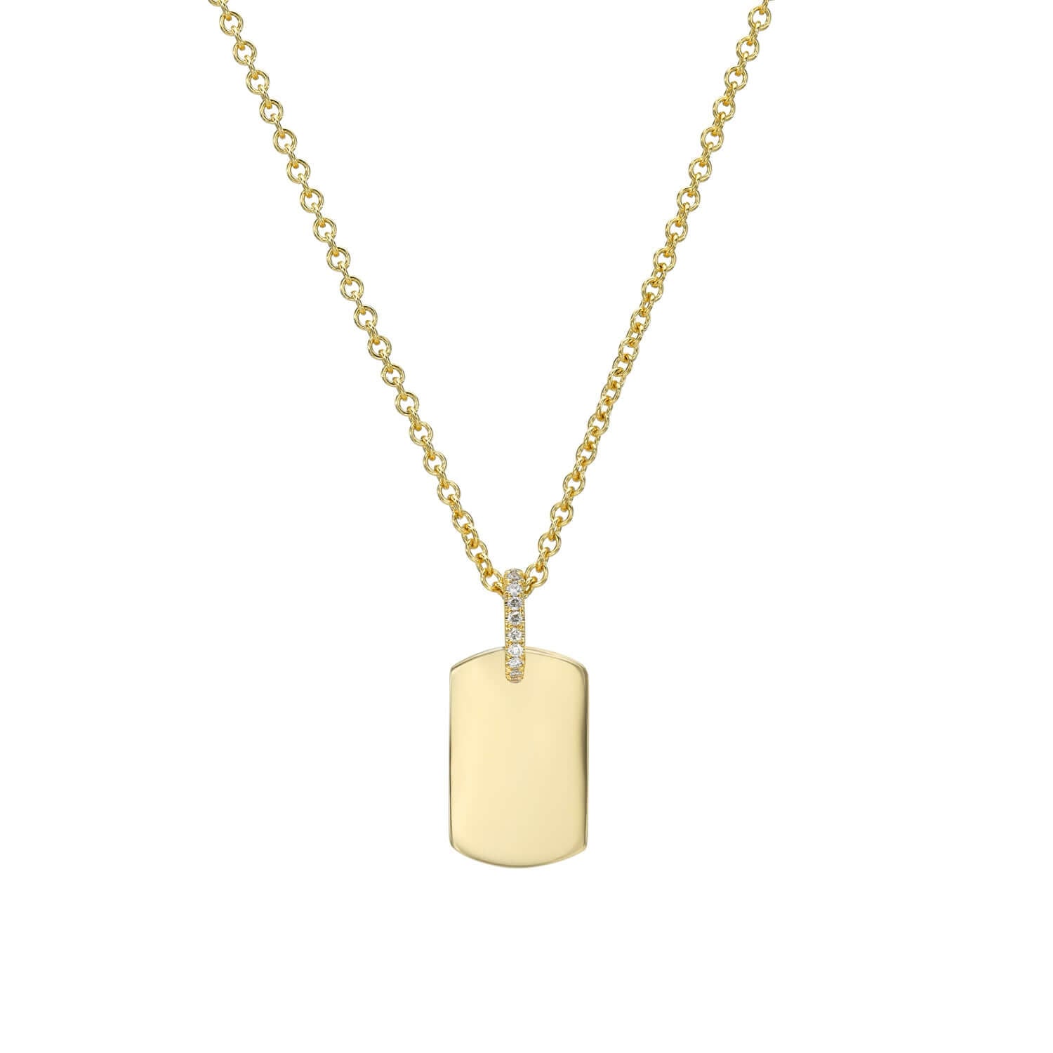 Part of the Sketch Collection, the Mini Dog Tag Engravable Pendant Necklace from Janet Heller Fine Jewelry is crafted in 14KT gold.  The necklace features a delicate chain with a diamond-studded loop and a rectangular charm perfect for engraving a personalized message.