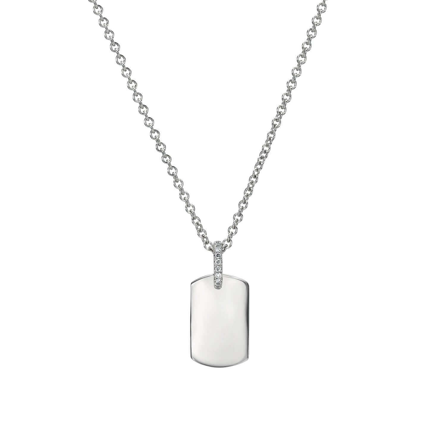 The Mini Dog Tag Engravable Pendant Necklace from the Sketch Collection has a rectangular polished pendant, adorned with gemstones at the attachment point. Its uniform circular link chain and minimalist design offer an elegant, personalized keepsake.