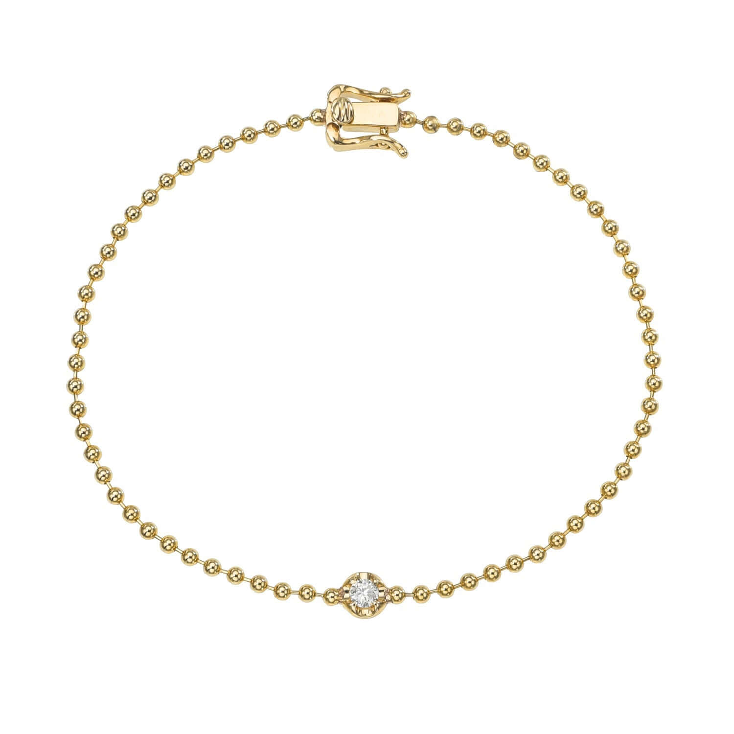 The Diamond Margot Bracelet features gold beads with a central white gemstone and decorative clasp. The uniform bead size ensures an elegant, minimalist look. Purchase from Janet Heller Fine Jewelry with customization options available for inquiries.