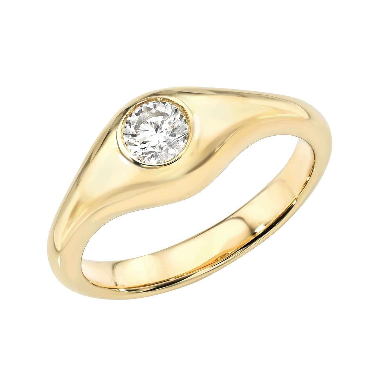 The Diamond Domed Pinky Ring by Janet Heller Fine Jewelry features a smooth, modern gold band with a central round bezel-set diamond. Available for preorder—please specify your desired ring size when ordering.