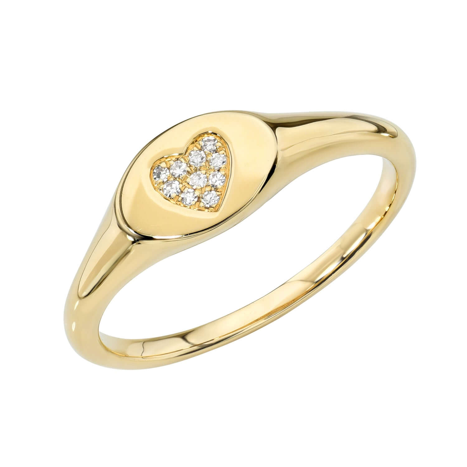 Preorder the Diamond Mini Heart Signet Ring, a fine gold piece with a heart-shaped design adorned with diamonds and an elegant smooth band.