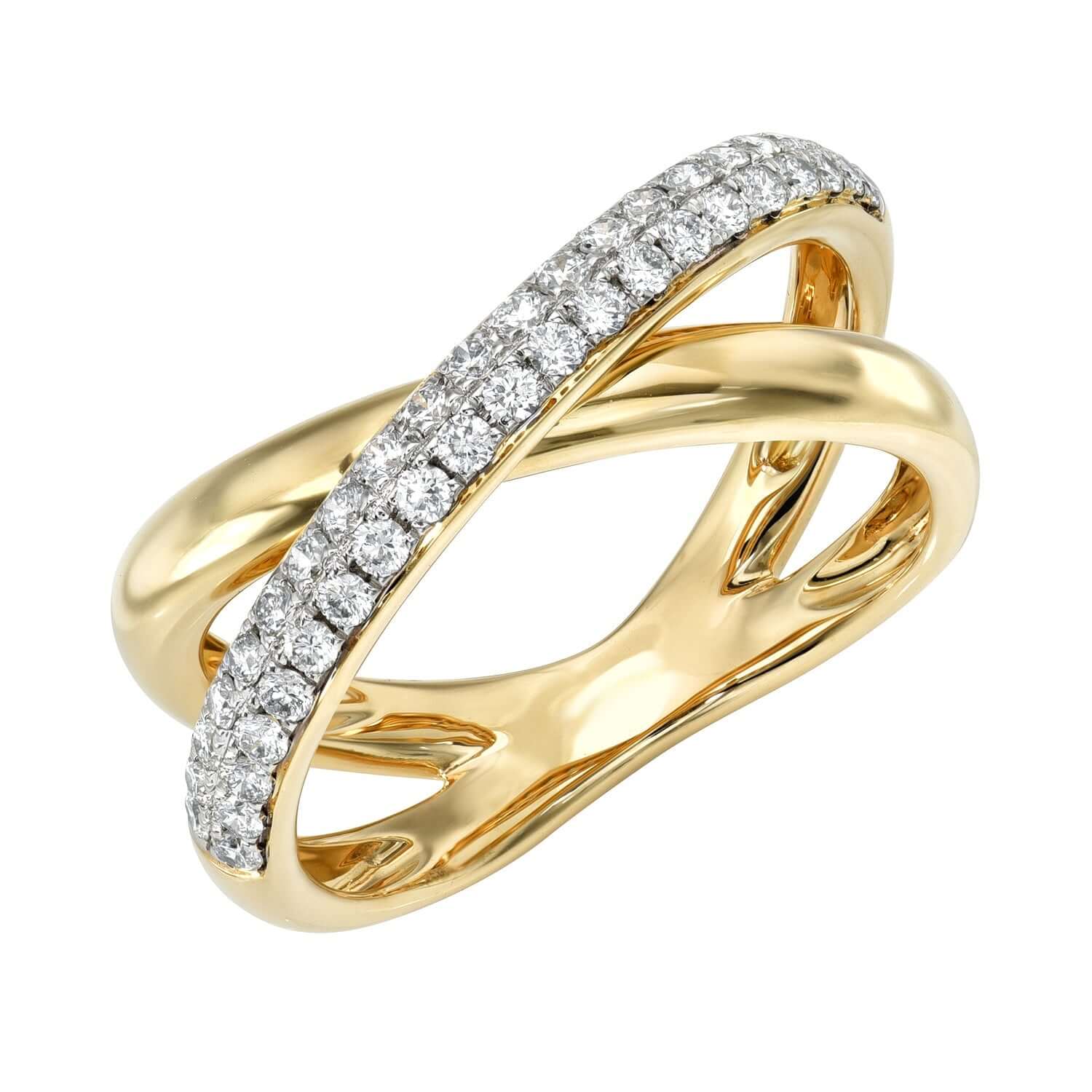 Introducing the Pave Diamond Criss Cross Ring: a gold ring featuring two intertwining bands, one polished and the other adorned with small diamonds for an elegant twisted design. Preorder now.