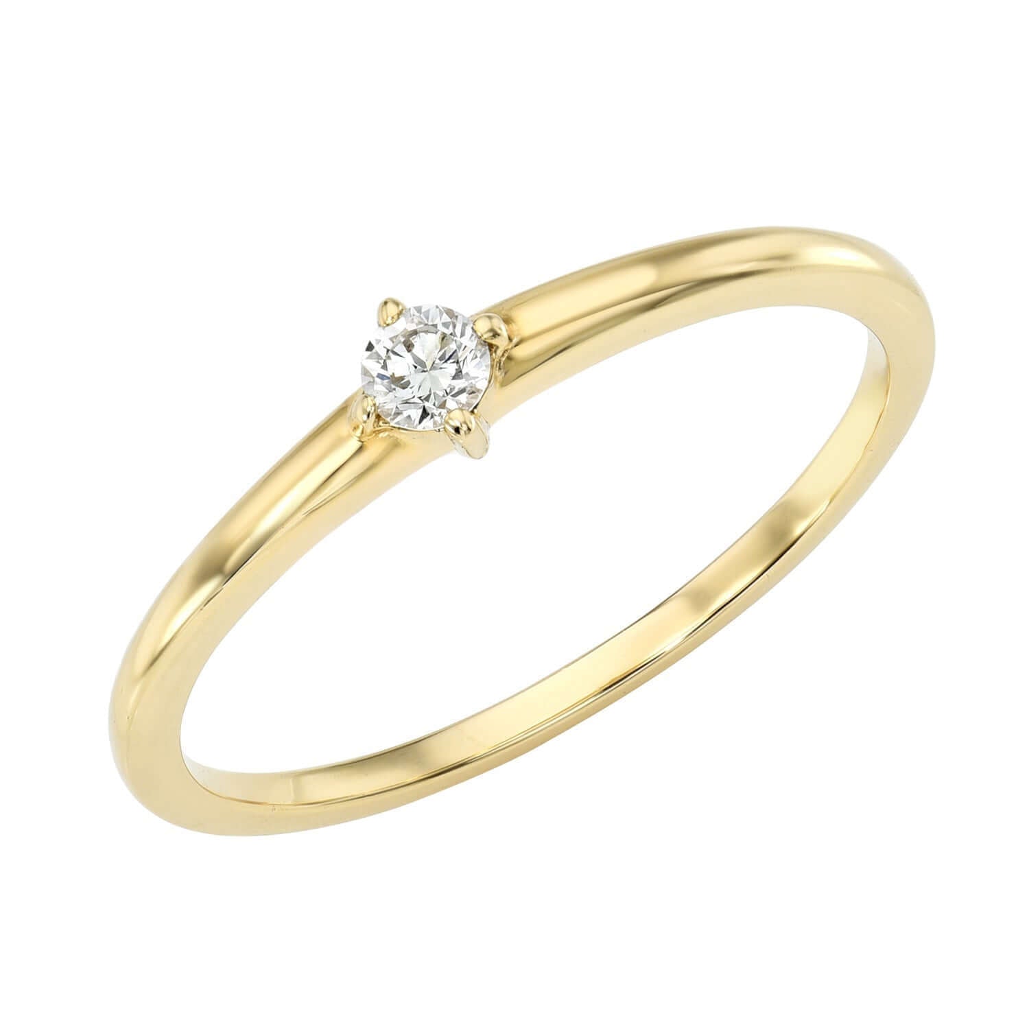 The Diamond Kehlani Ring features a single round diamond set in a classic four-prong setting on a simple gold band, showcased against a white background. This timeless piece from Janet Heller Fine Jewelry is available for preorder—please specify your desired ring size when ordering.