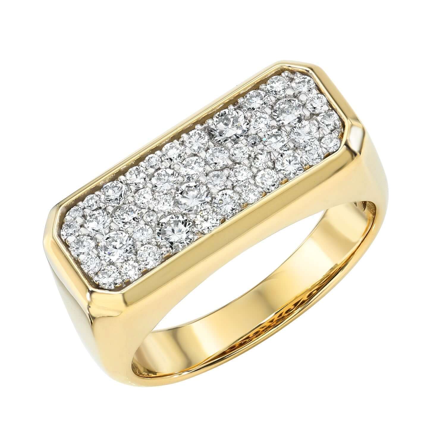 Introducing the Horizontal Diamond Rectangle Ring from Janet Heller Fine Jewelry—a striking gold ring featuring a generously sized rectangular top adorned with multiple round white diamonds arranged in precise, elegant rows for a dazzling, luxurious effect. This exquisite piece is available to preorder in your preferred ring size, ensuring an exclusive made-to-order experience tailored just for you.