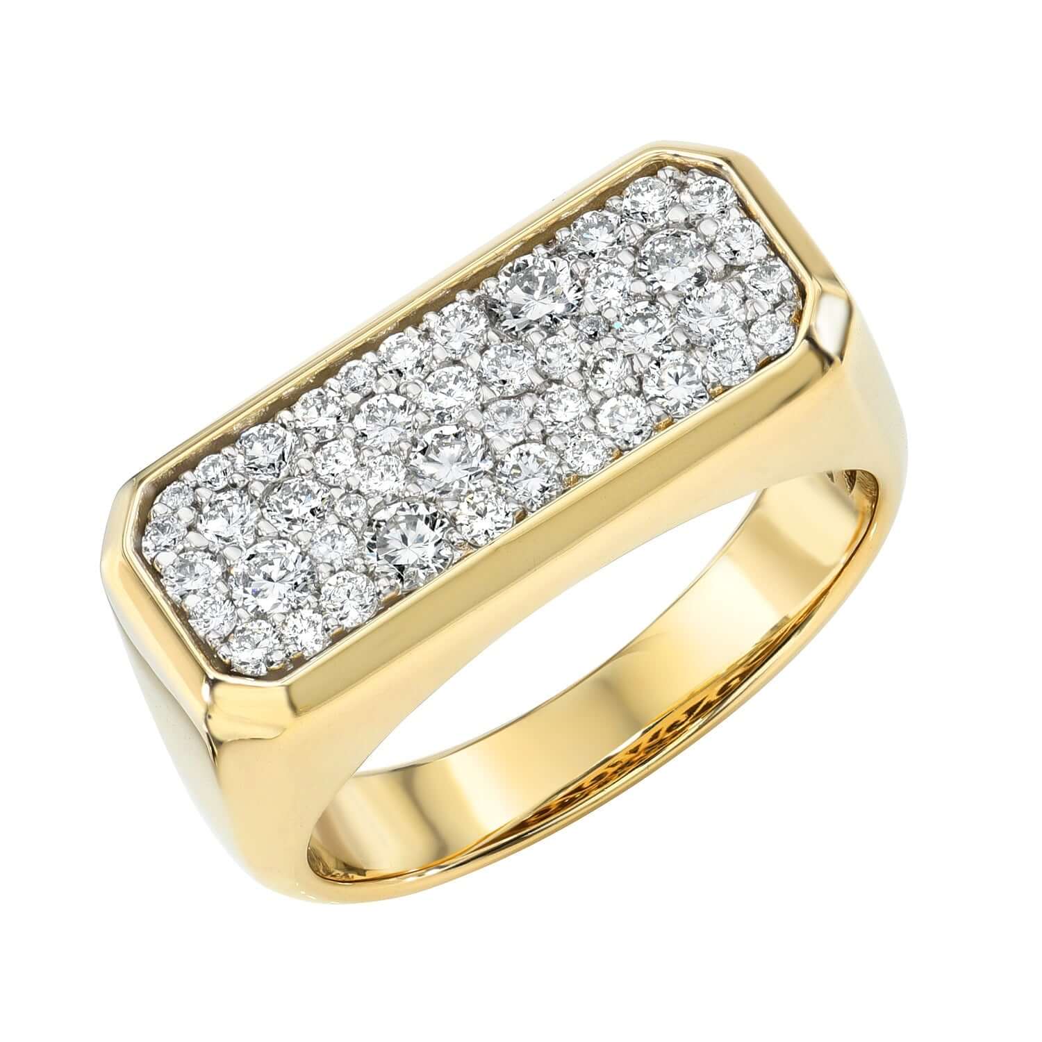 The Horizontal Diamond Rectangle Ring from Janet Heller Fine Jewelry is crafted in 14KT gold. The ring features a rectangular top adorned with diamonds. The ring can be worn alone or stacked.