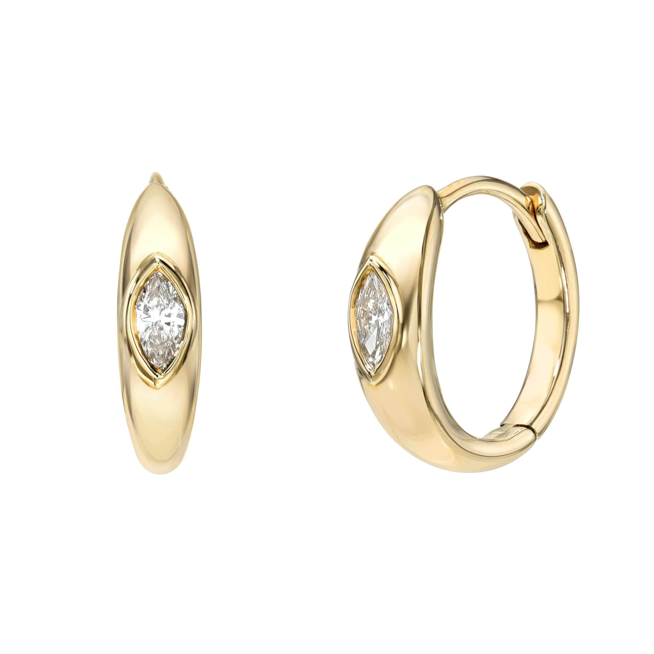 Marquise Diamond Dome Huggies feature gold hoops with marquise diamonds centered at the front. These earrings showcase a sleek, polished finish, one earring closed and another slightly open to reveal the clasp. Discover customization options at janethellerfinejewelry.