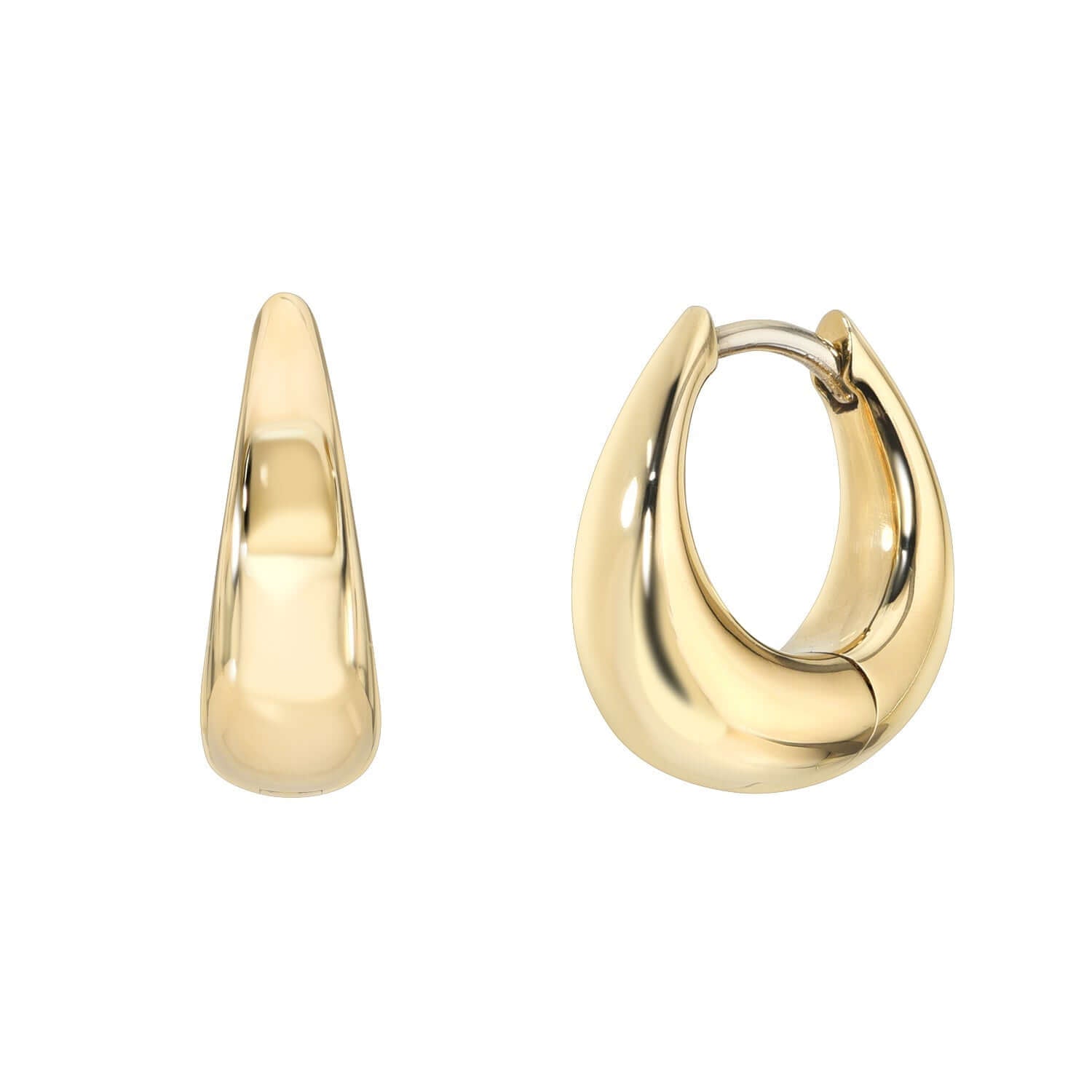 The Oval Dome Hoops are shown: one from the side and one from the front, highlighting their smooth, shiny finish and teardrop shape. For customizations or inquiries, visit janethellerfinejewelry.