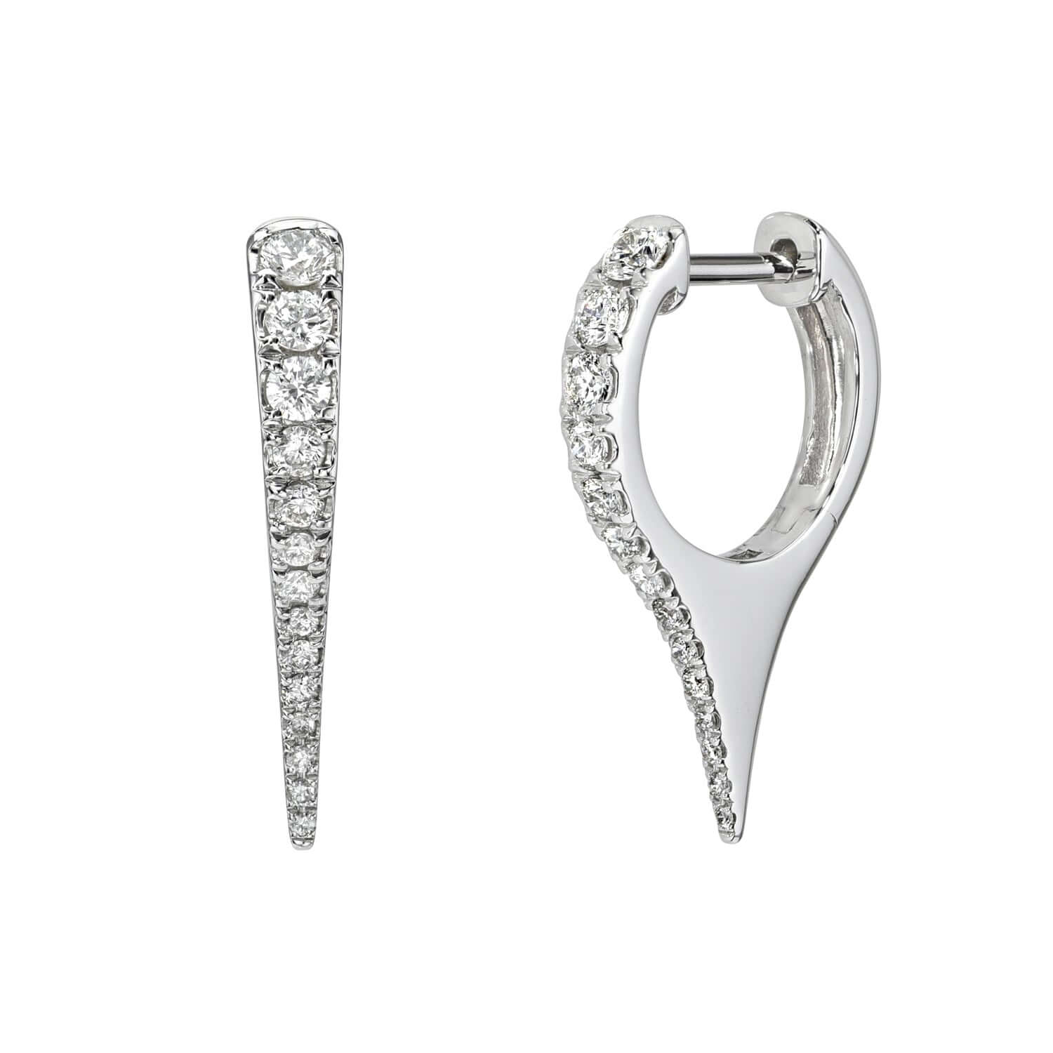 Close-up of two Mini Diamond Dagger Earrings by Janet Heller Fine Jewelry. One earring is open, highlighting its curved shape with a row of diamonds; the other is closed, showcasing a tapered design. Both are set in sleek, reflective metal and offer customization options.