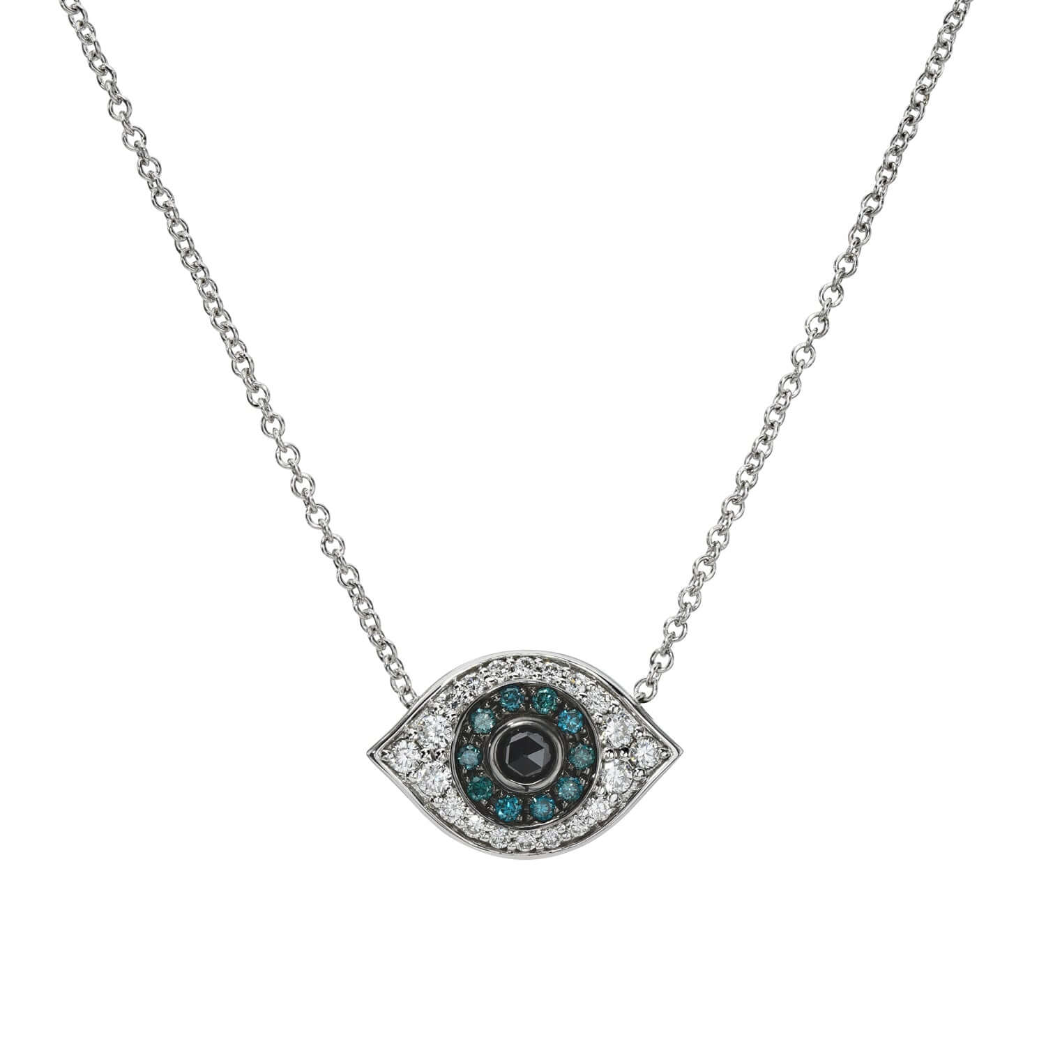 Explore the Blue & Black Diamond Evil Eye Necklace from Janet Heller Fine Jewelry, a beautifully crafted silver piece with an eye-shaped pendant. It features black, blue, and white gemstones in concentric circles on a thin, delicate chain that complements its ornate design.