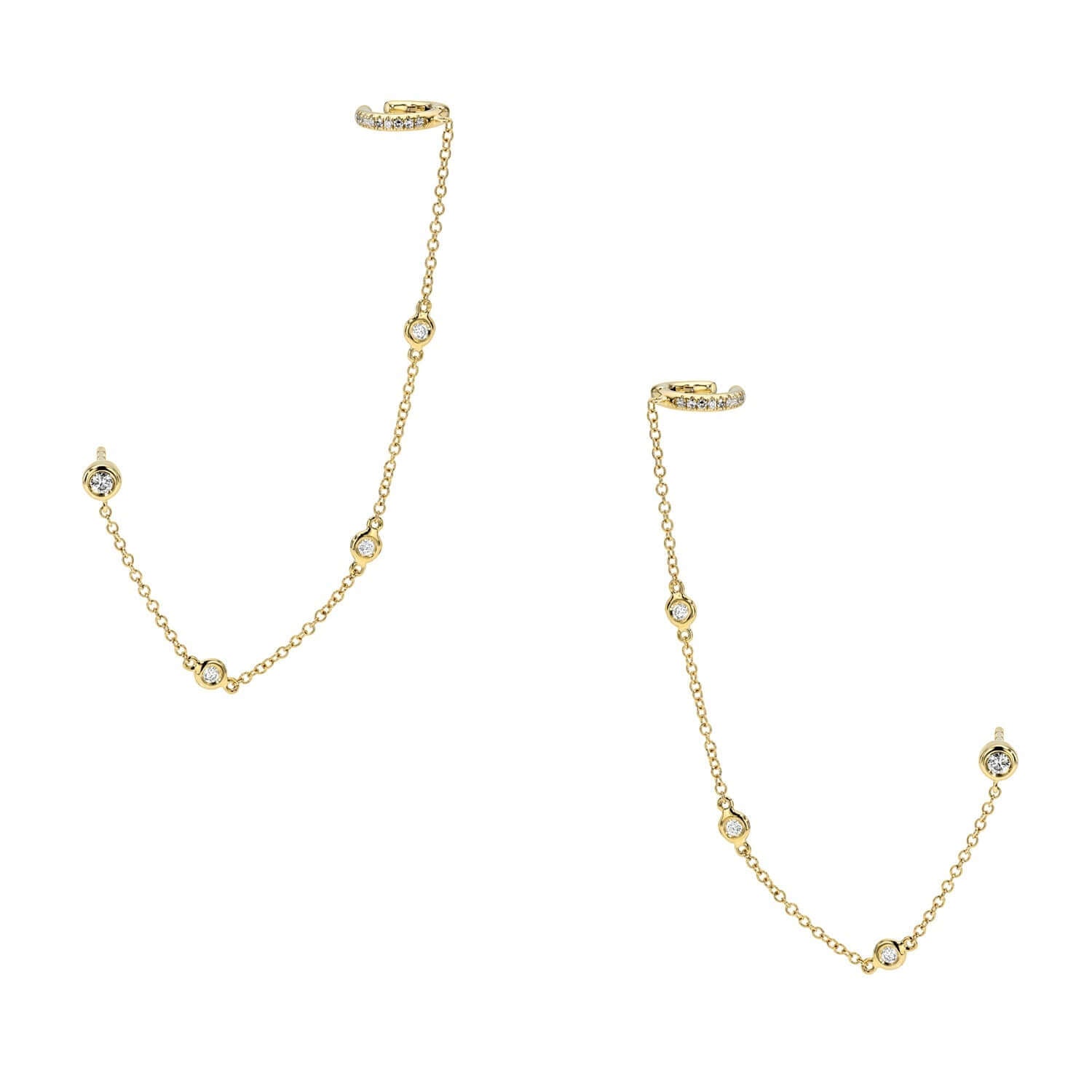 Diamonds By The Yard Cuff Studs by Janet Heller Fine Jewelry are gold chain earrings featuring two curved components connected by a thin chain, adorned with evenly spaced round clear stones. Displayed against a neutral white background, they exude elegance.