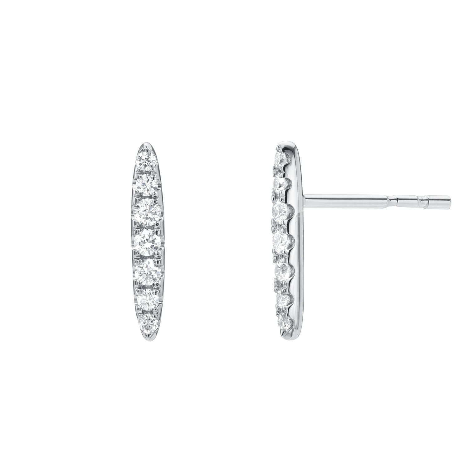 The Diamond Bar Mara Studs from Janet Heller Fine Jewelry are crafted in 14KT gold. The earrings feature a curved design adorned with small diamonds. The studs can be worn alone or layered along the ear with other earrings.