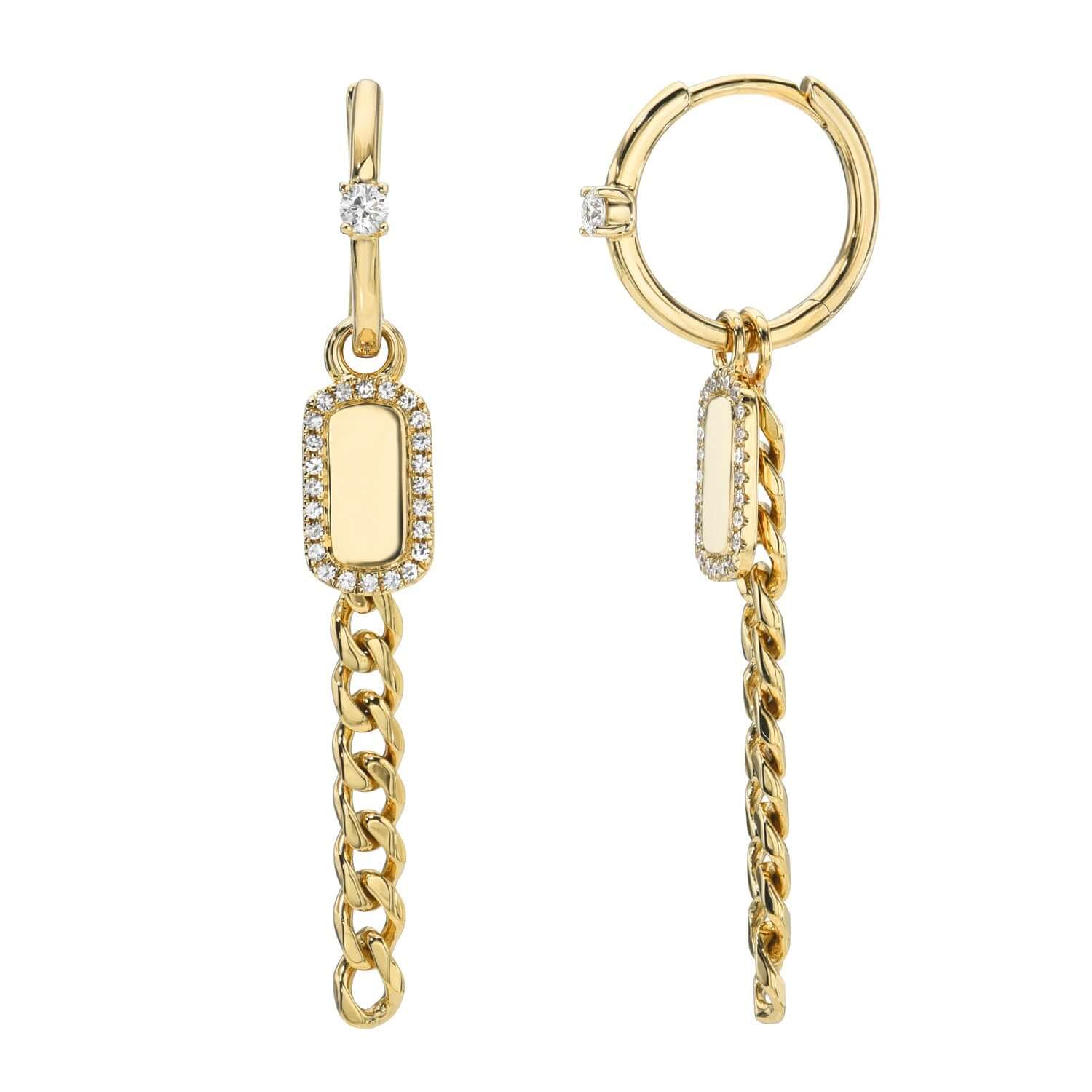 Discover the elegance of Janet Heller Fine Jewelry with the Diamond Curb Link Dog Tag Drop Huggies. These exquisite earrings feature a rectangular plate with small gems, a hoop with a single gem, and dangling gold chains—perfect for customizations to suit your unique style.