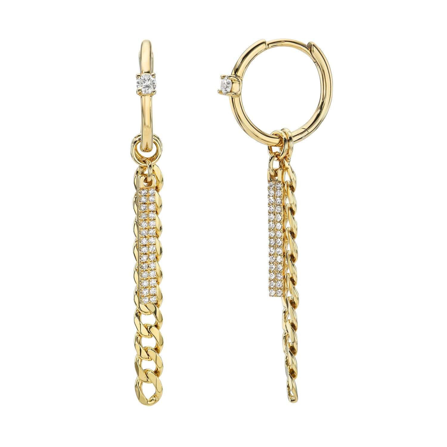 The Diamond Curb Link Bar Huggies by Janet Heller Fine Jewelry are displayed on a plain white background. These gold hoop earrings feature dangling chains, each adorned with small sparkling gems for an elegant touch. For customizations, contact the designer.