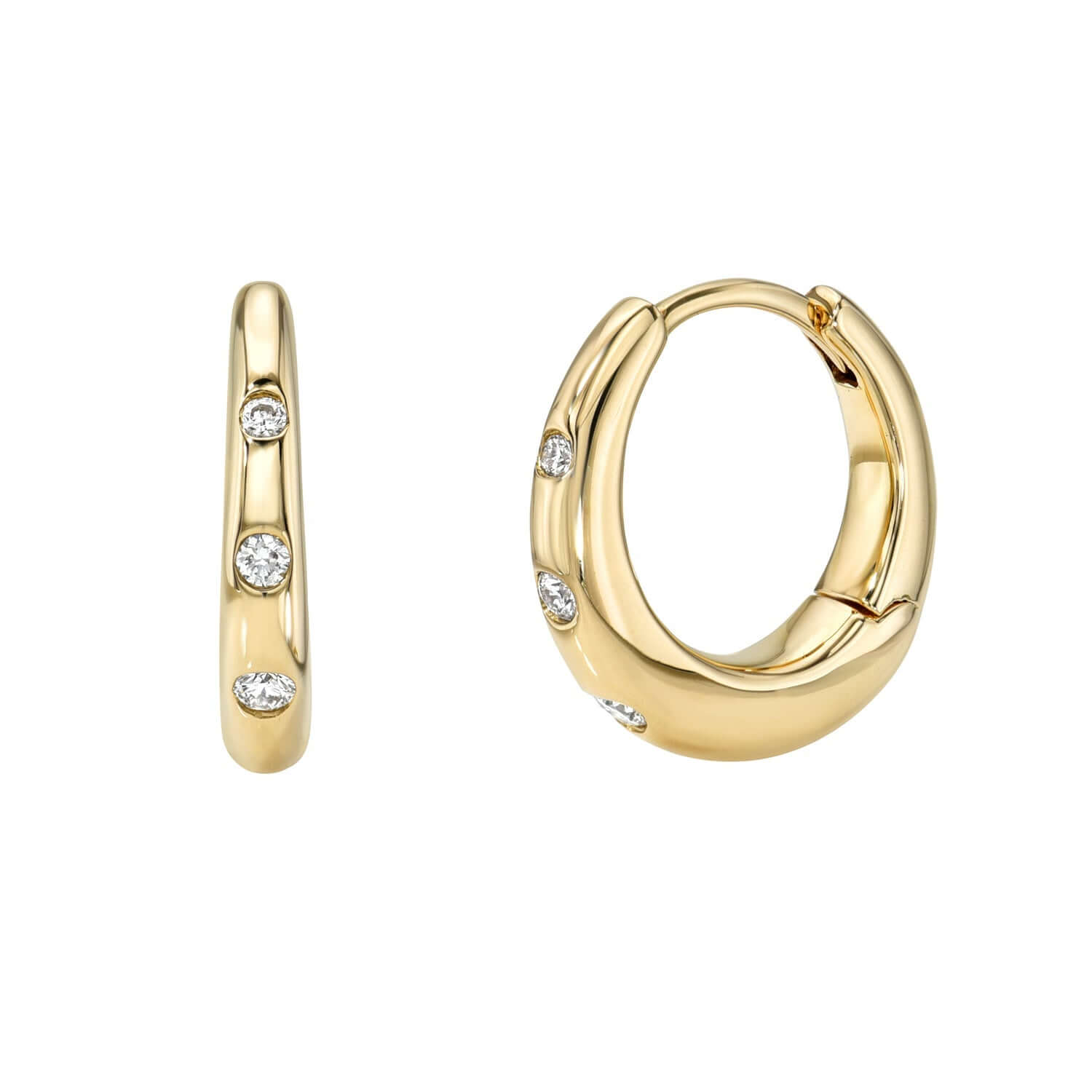 The Diamond Nara Bezel Huggies are polished gold hoop earrings, each with three small round diamonds. One earring is shown from the side to highlight its width and the other from the front. For inquiries or customization of this fine jewelry piece, please contact us.