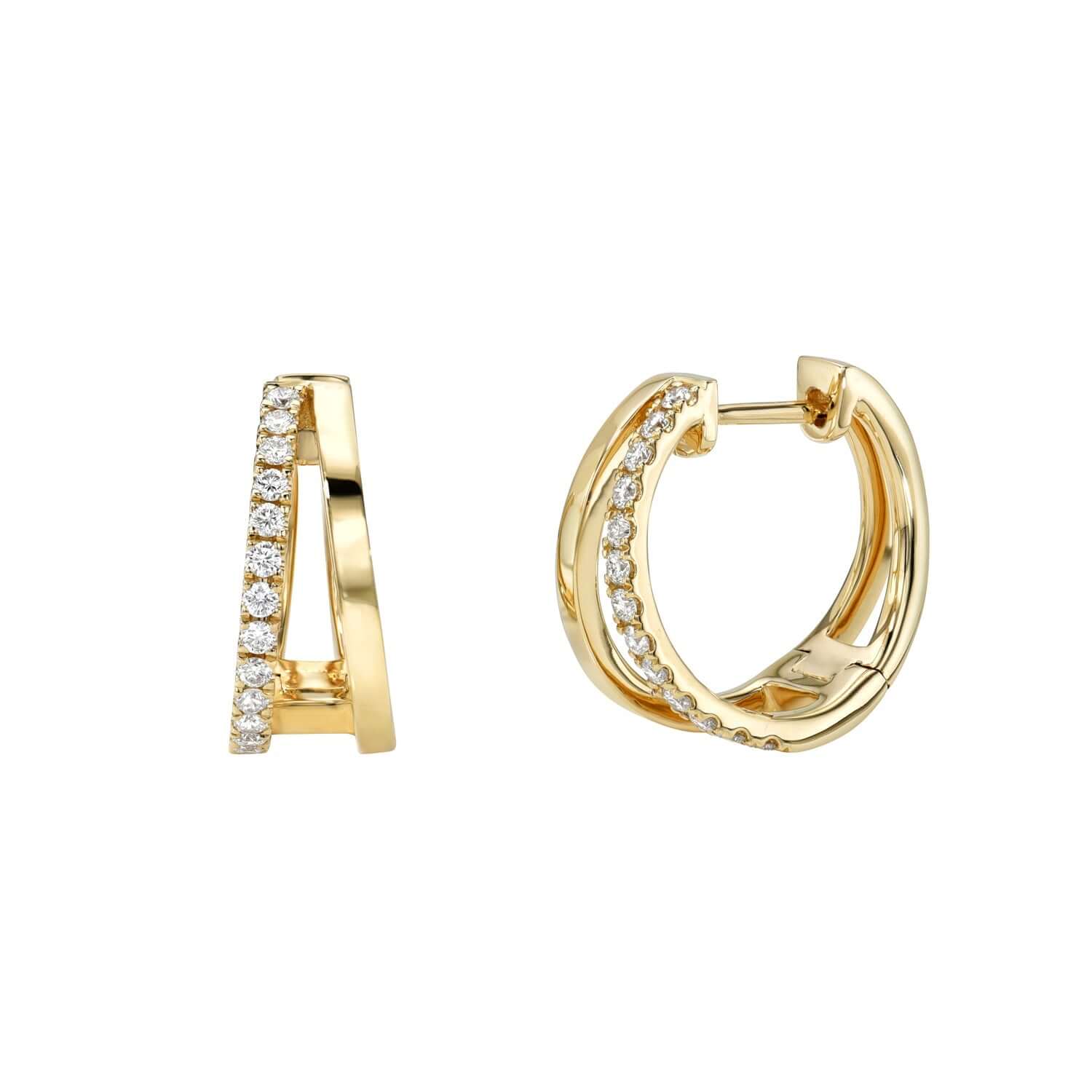 Double Loop Huggies, sleek gold hoop earrings with a slightly triangular shape, are enhanced with small white gemstones. Their modern design exudes elegance and sparkle, ideal for anyone seeking a sophisticated touch. Shown from the side and front.