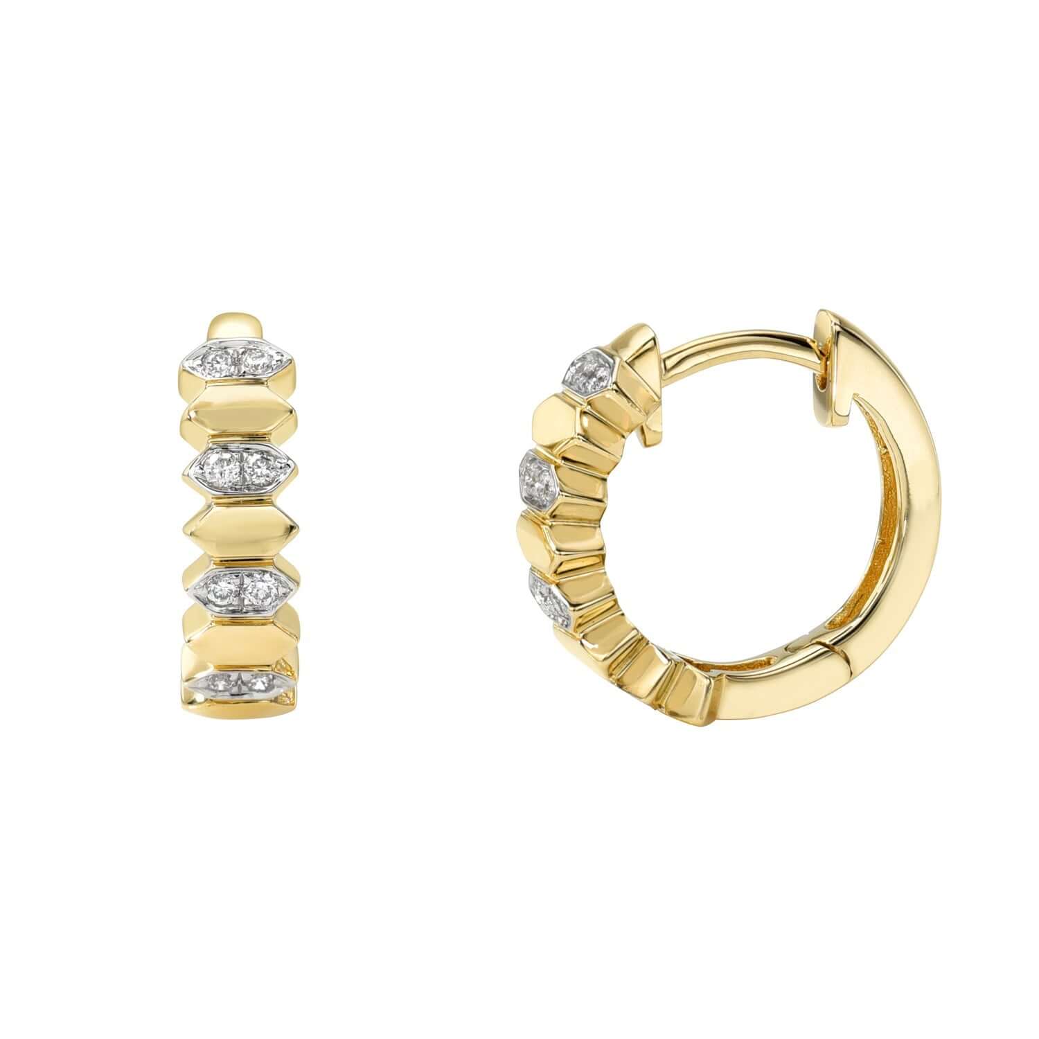 The Diamond Shape Gigi Huggies showcase jewelry craftsmanship, with gold hoops featuring sleek embedded silver segments and sparkling stones. Displayed against a white background in side and front views, these earrings exemplify exquisite artistry.