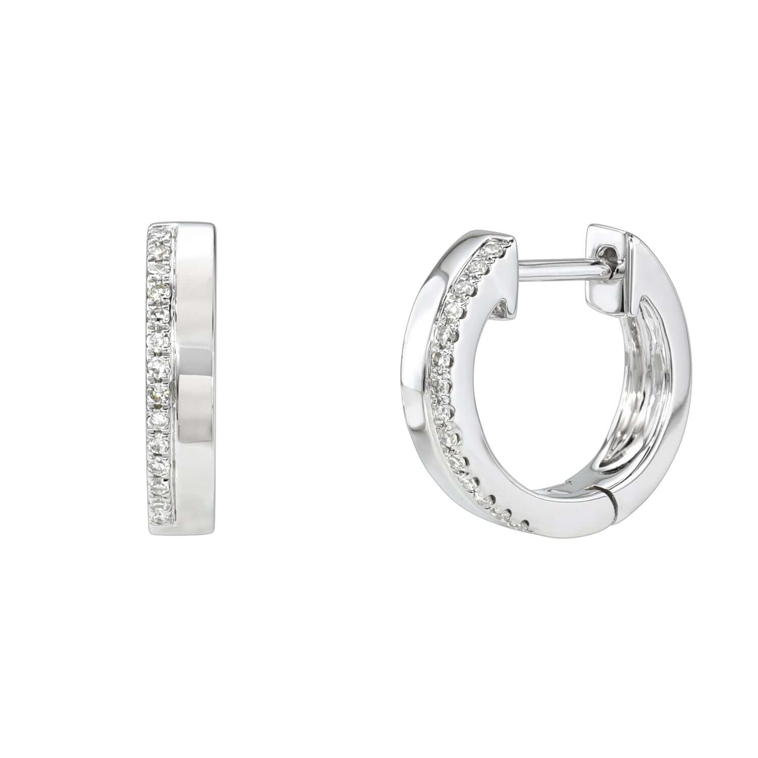 The Diamond Myla Huggies from Janet Heller Fine Jewelry are crafted in 14KT gold. The huggies feature a plain hoop edged with a vertical row of small diamonds. The hoops can be worn alone or layered along the ear with other earrings.
