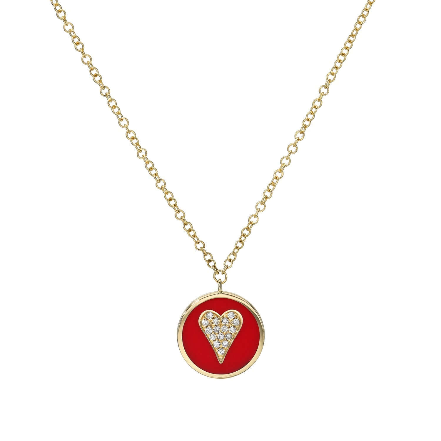 The Red Enamel Diamond Heart Necklace from Janet Heller Fine Jewelry is crafted in 14KT gold.  A round red enamel pendant with a bezel setting features a pave diamond heart at its center.  The necklace can be worn alone or layered with other necklaces and chains.  .