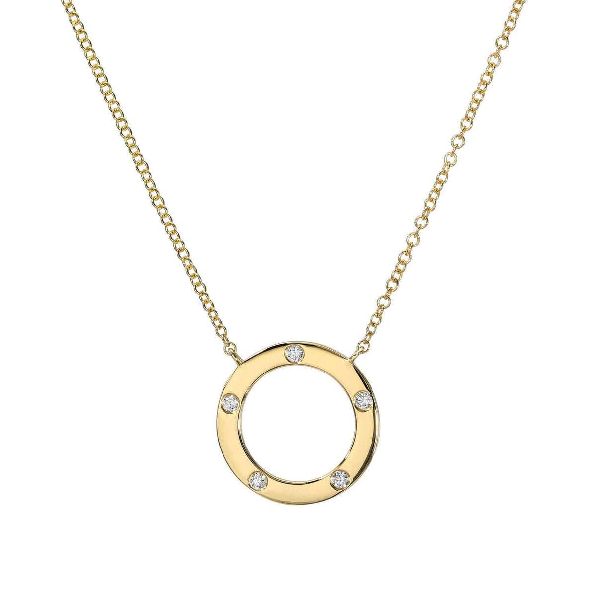 The Open Diamond Circle Necklace features a delicate gold chain with a circular pendant adorned with five evenly spaced diamonds, offering a simple, elegant, and modern design by Janet Heller Fine Jewelry.