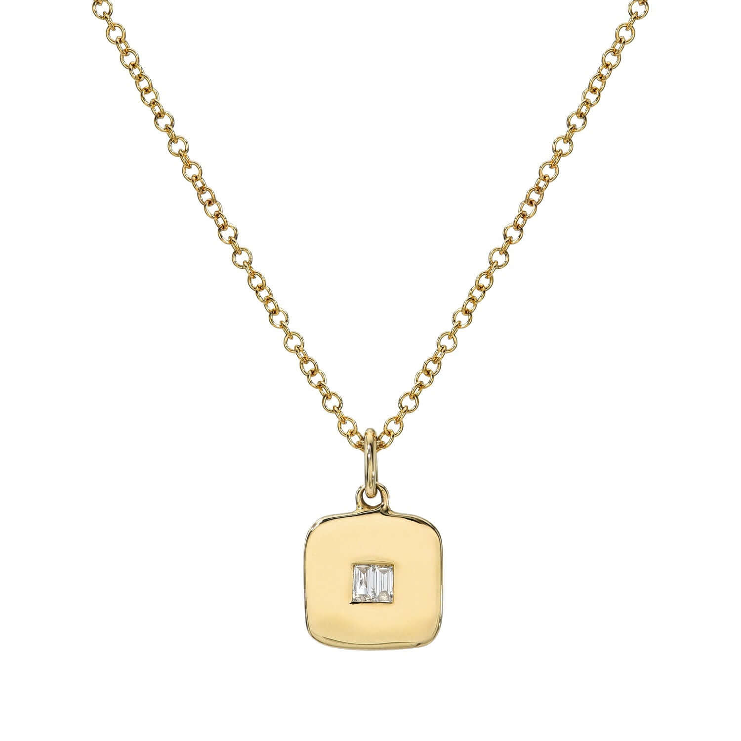 The Baguette Diamond Cushion Shaped Necklace features a gold chain and a square pendant with smooth, rounded edges, set with a rectangular diamond at the center—a polished, elegant design by Janet Heller Fine Jewelry.