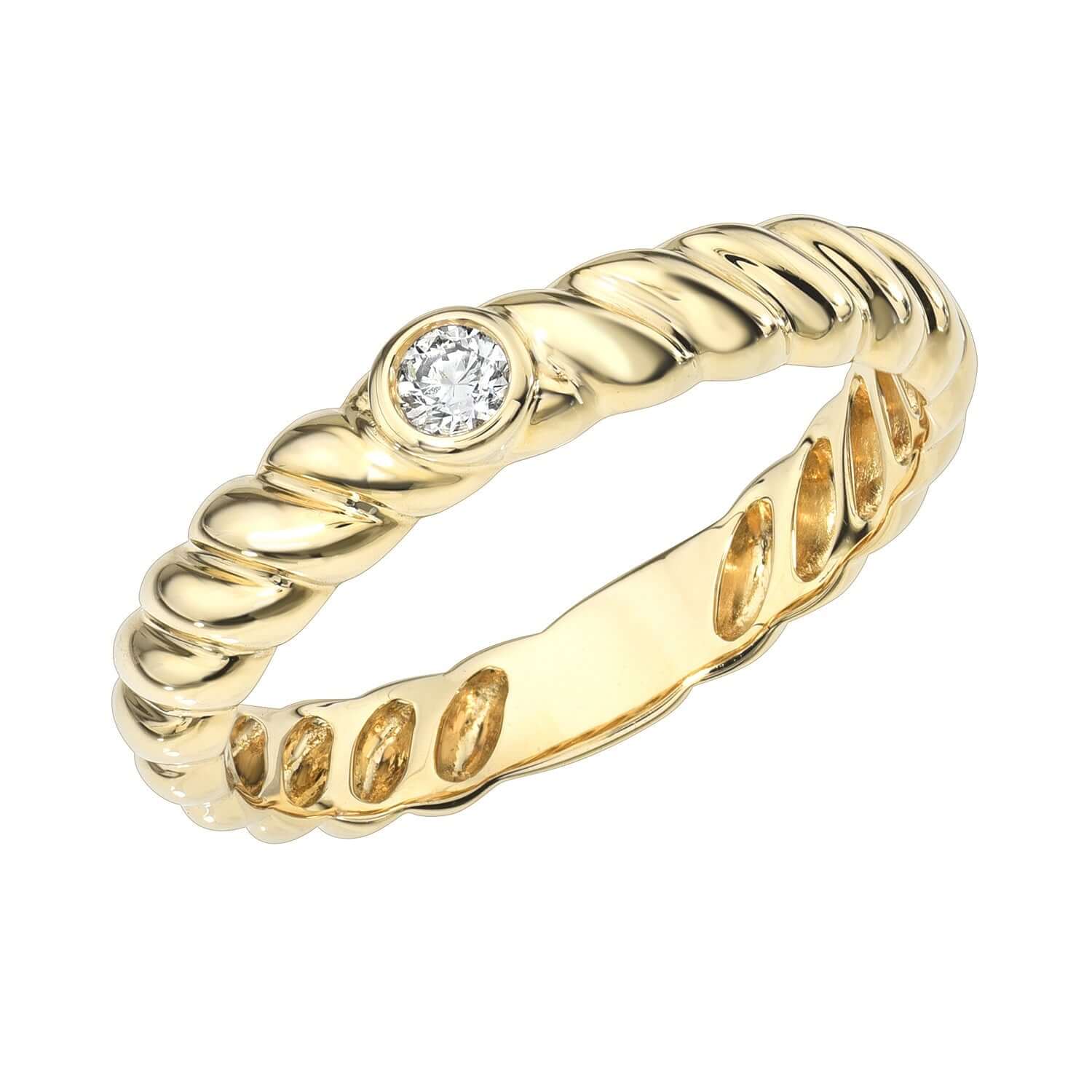 The Single Diamond Twist Ring, available for preorder, features a gold twisted rope-style band with a round bezel-set diamond at the center. Its textured design beautifully reflects light and accentuates its elegance.