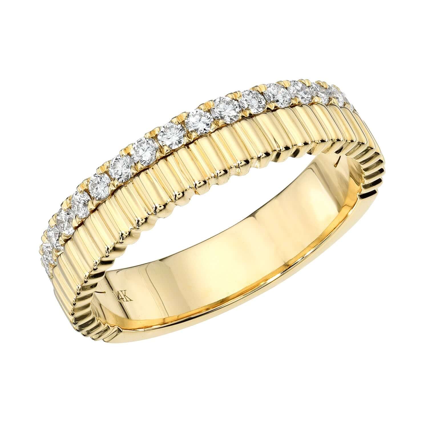 Preorder the elegant Diamond Lucky Ring featuring a ribbed gold texture and a row of sparkling round diamonds. Its reflective and refined design highlights the contrast between the smooth band and brilliant stones, creating an exquisite piece of jewelry.